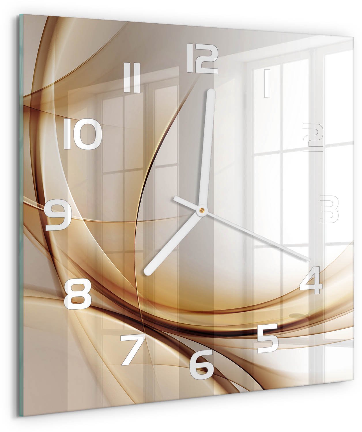 Tulup Wandklok - Golfabstractie Glazen Klok Met Print - 30x30 cm - Beige Wandklok Glas Met Motief - Witte handen - Vierkante Klok - Wandklok Glas Decoratie - Gekleurde Glazen Klok