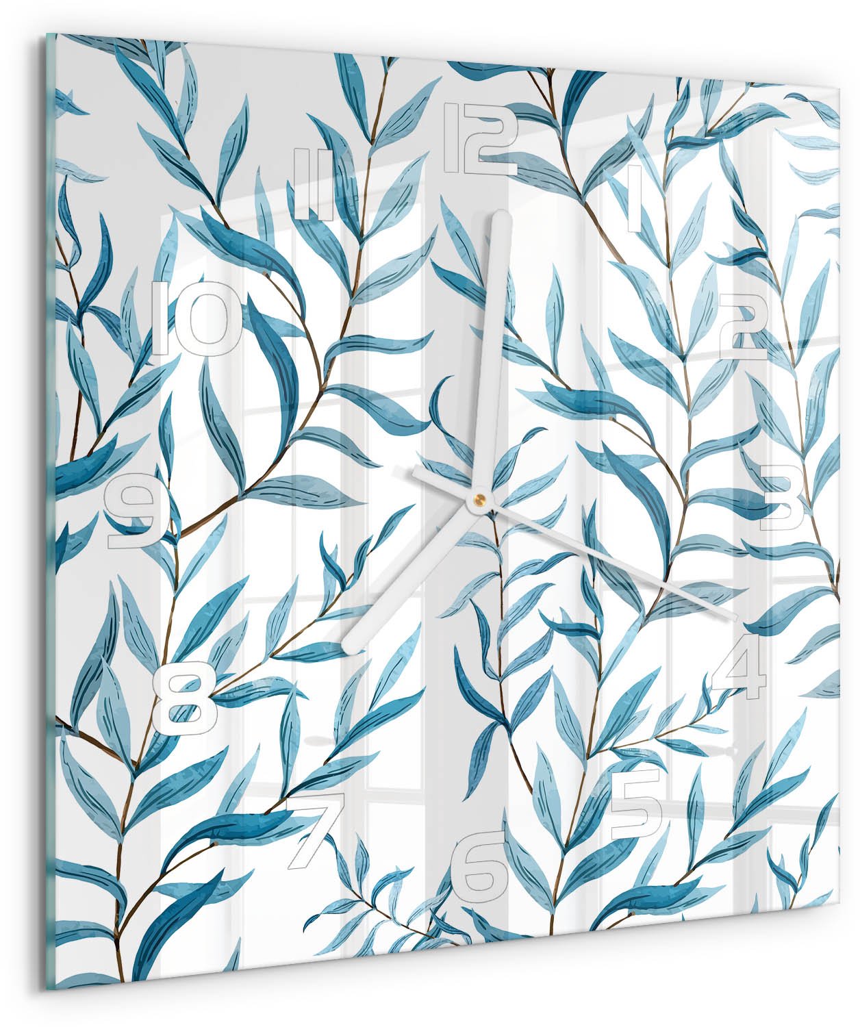 Tulup Wandklok - Bladeren Glazen Wandklok Design - 30x30 cm - Blauw Klok Glas Met Opdruk - Witte handen - Vierkante Klok - Wandklok Glas Met Motief - Decoratieve Glazen Klok
