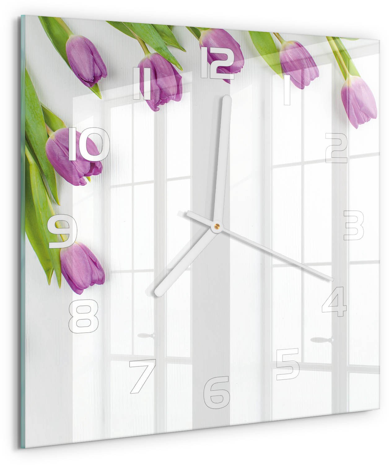 Tulup Wandklok - Paarse tulpen Wandklok Glas Decoratie - 30x30 cm - Paars Gekleurde Glazen Klok - Witte handen - Vierkante Klok - Klok Glas Met Opdruk - Moderne Wandklok Glas