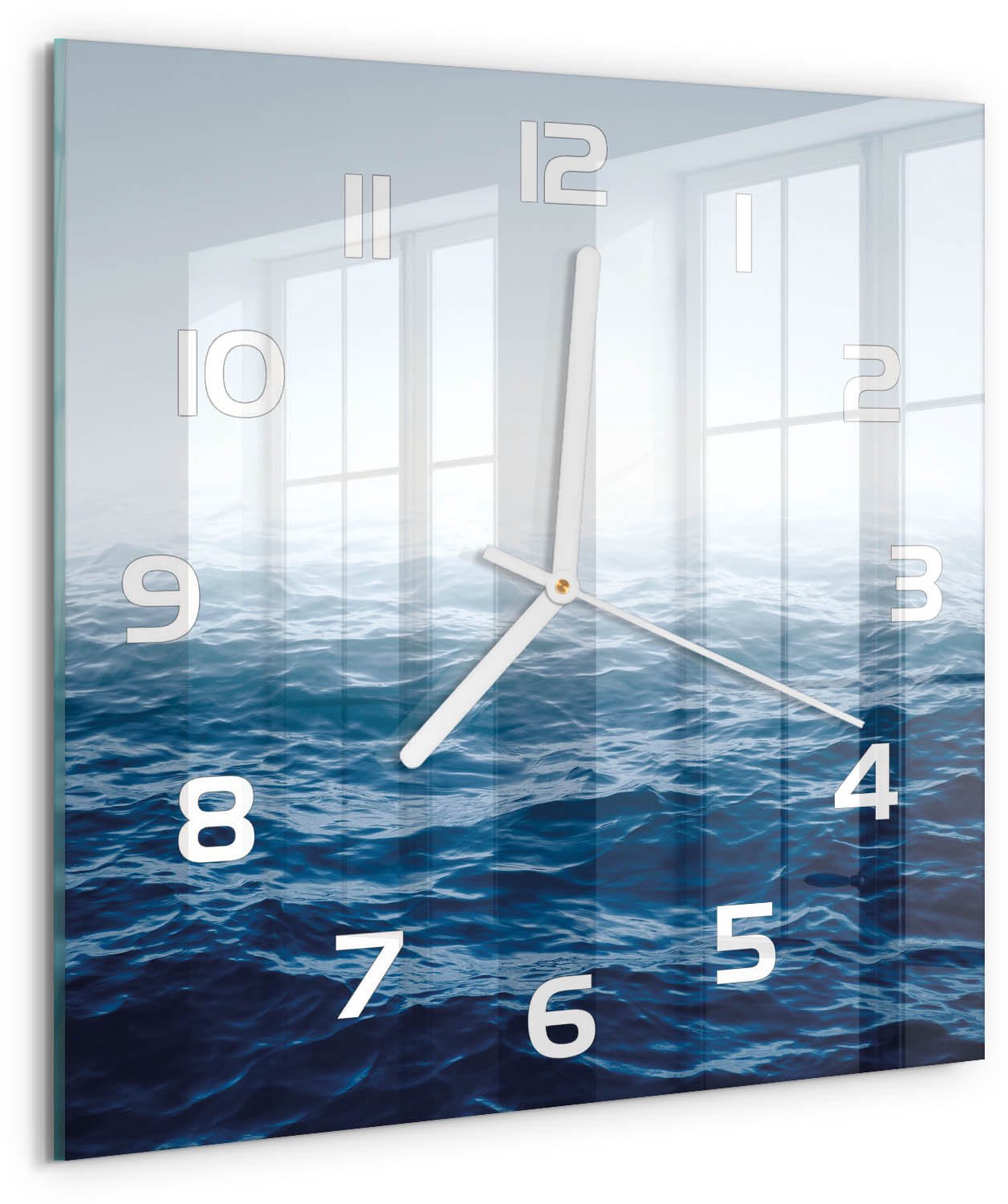 Tulup Wandklok - Oceaangolven Wandklok Glas Met Motief - 30x30 cm - Blauw Decoratieve Glazen Klok - Witte handen - Vierkante Klok - Gekleurde Glazen Klok - Glazen Klok Met Print