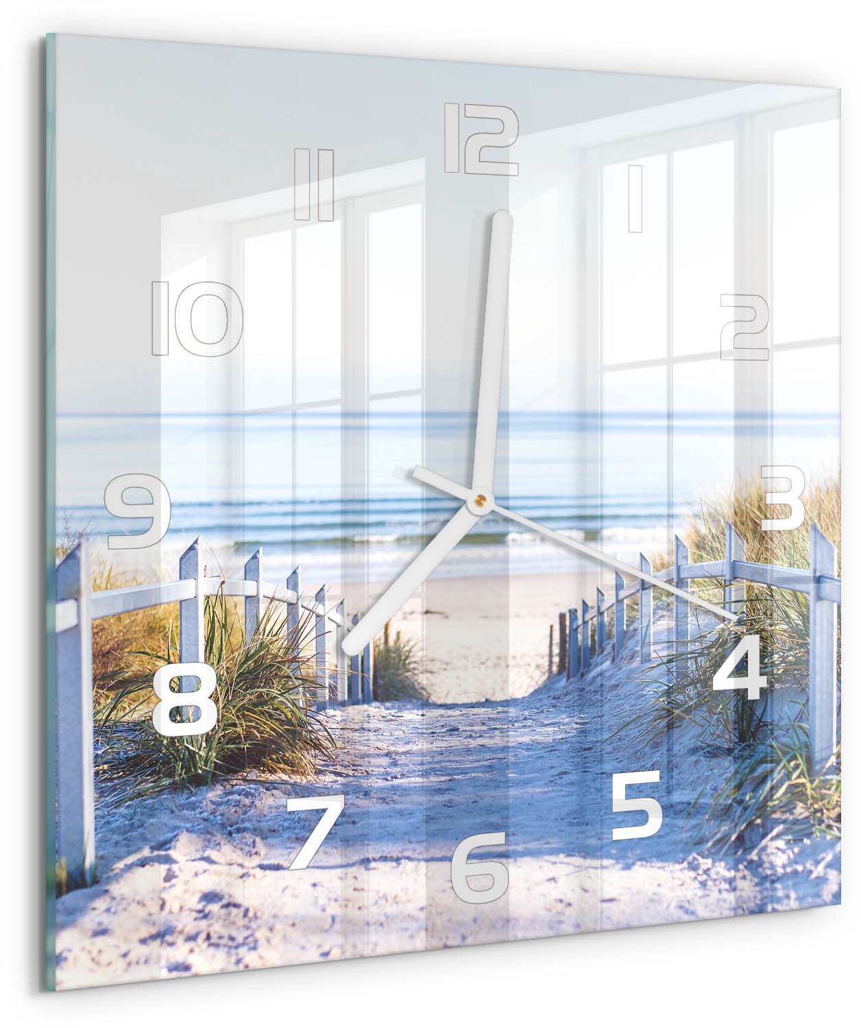 Tulup Wandklok - Kustduinen Moderne Wandklok Glas - 30x30 cm - Beige Wandklok Glas Decoratie - Witte handen - Vierkante Klok - Glazen Wandklok Design - Klok Glas Met Opdruk