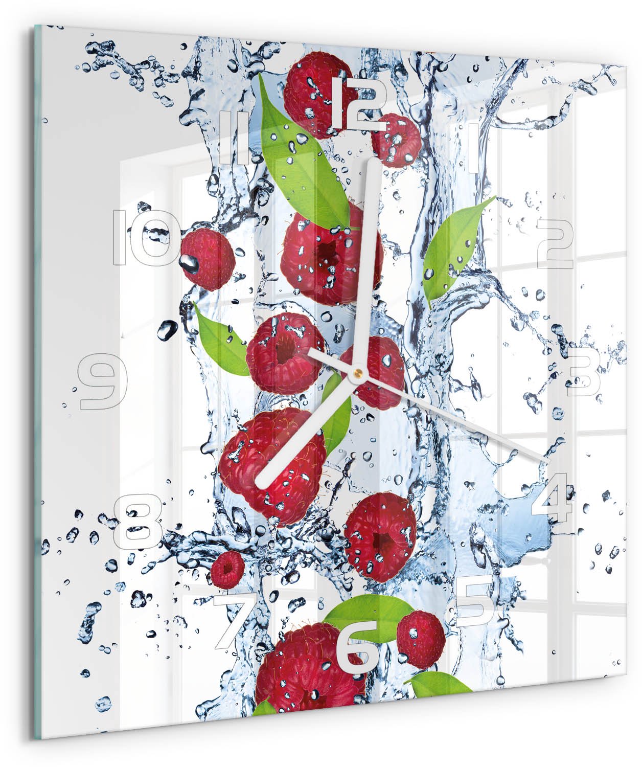 Tulup Wandklok - Frambozen en water Glazen Wandklok Design - 30x30 cm - Rood Klok Glas Met Opdruk - Witte handen - Vierkante Klok - Wandklok Glas Met Motief - Decoratieve Glazen Klok