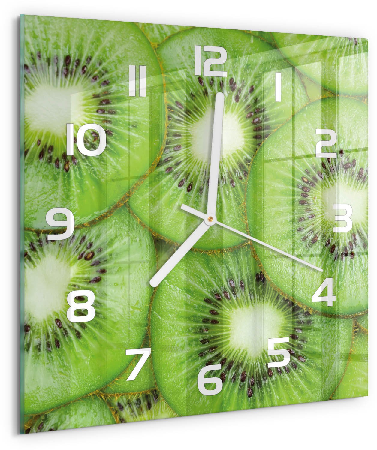 Tulup Wandklok - Kiwi Wandklok Glas Decoratie - 30x30 cm - Groente Gekleurde Glazen Klok - Witte handen - Vierkante Klok - Klok Glas Met Opdruk - Moderne Wandklok Glas