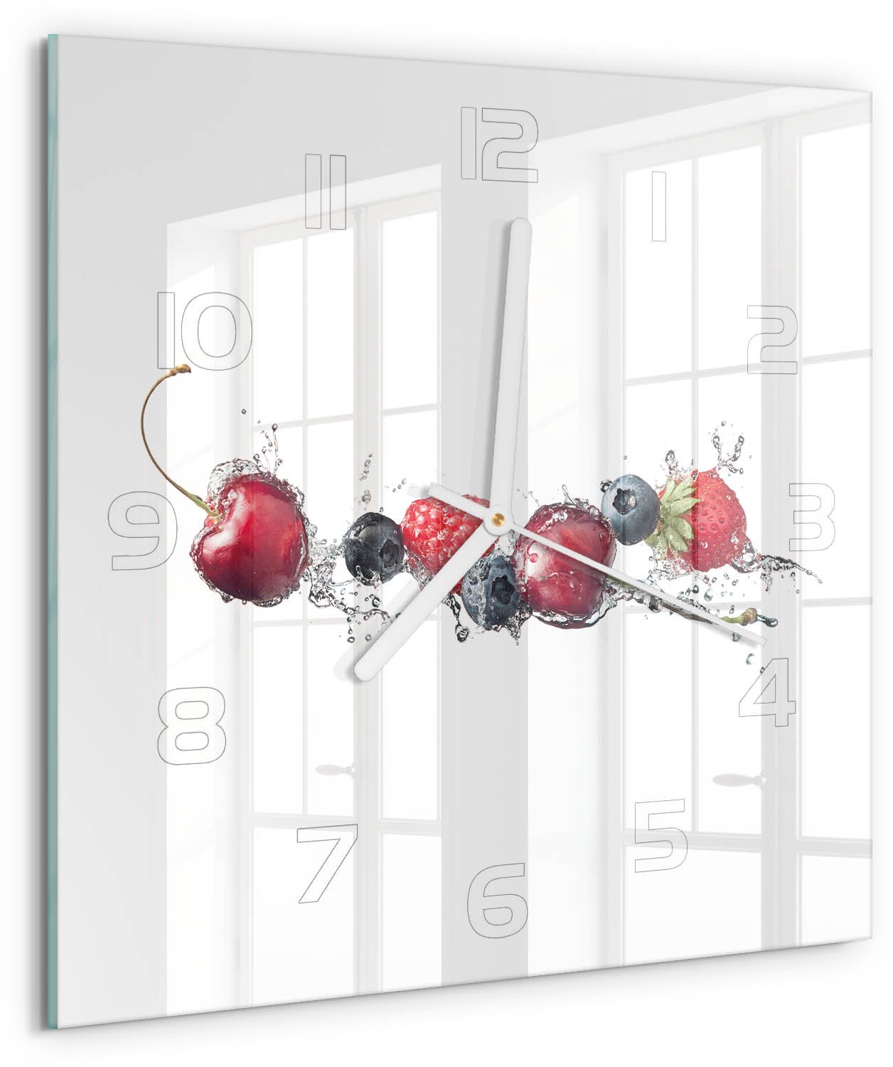 Tulup Wandklok - Bosvruchten Wandklok Glas Met Motief - 30x30 cm - Rood Decoratieve Glazen Klok - Witte handen - Vierkante Klok - Gekleurde Glazen Klok - Glazen Klok Met Print