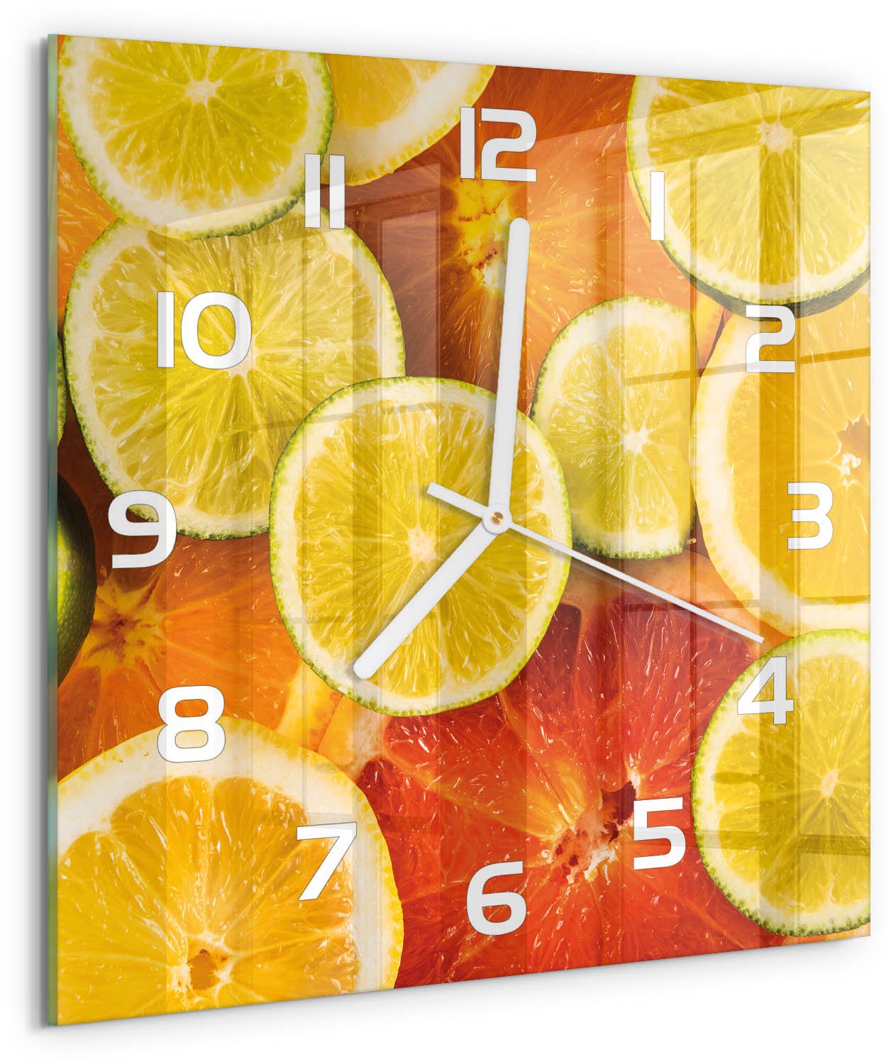 Tulup Wandklok - Citrusvruchten Glazen Klok Met Print - 30x30 cm - Oranje Wandklok Glas Met Motief - Witte handen - Vierkante Klok - Wandklok Glas Decoratie - Gekleurde Glazen Klok