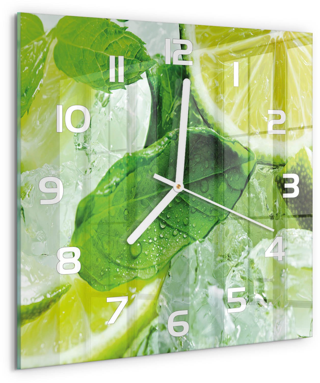 Tulup Wandklok - Limoen met ijs Decoratieve Glazen Klok - 30x30 cm - Groente Glazen Wandklok Design - Witte handen - Vierkante Klok - Glazen Klok Met Print - Wandklok Glas Met Motief