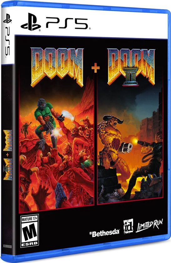 PlayStation 5 gamecover met DOOM en DOOM II. Bevat de tekst 'DOOM + DOOM II', 'MATURE 17+', 'Bethesda' en 'LIMITED RUN'.