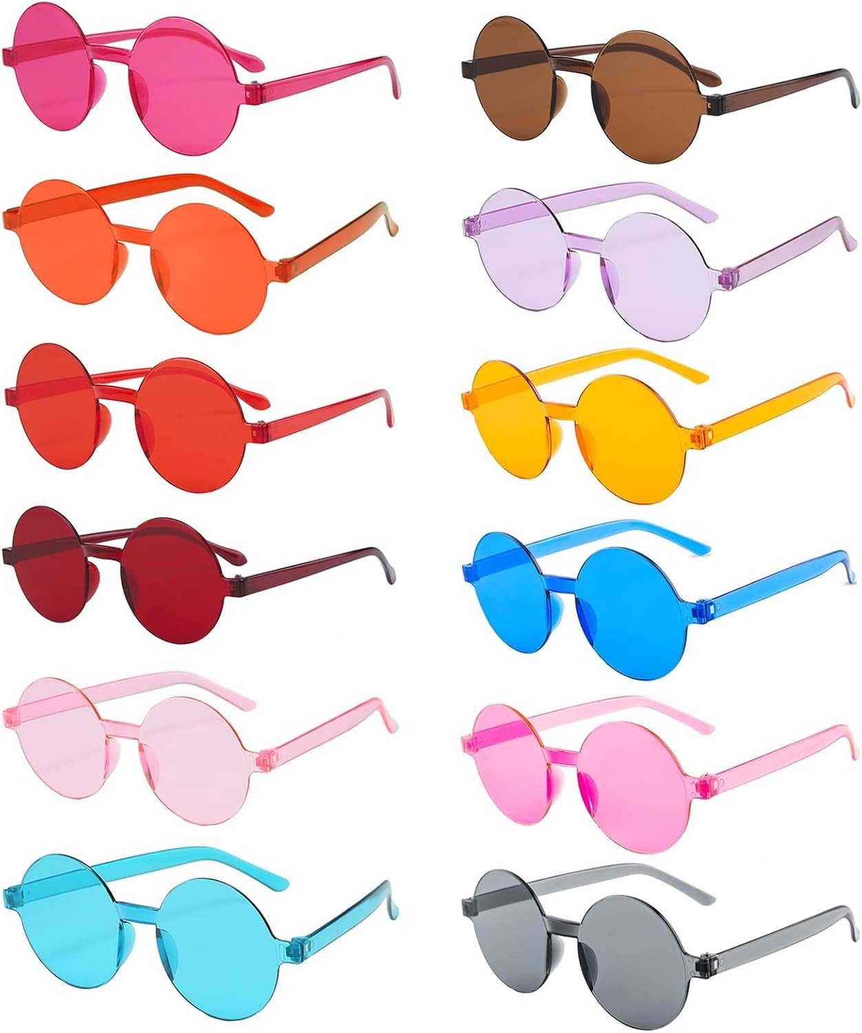 Grappige randloze zonnebrillen voor feestjes, 12 stuks in verschillende kleuren, leuke partyaccessoires voor heren en dames