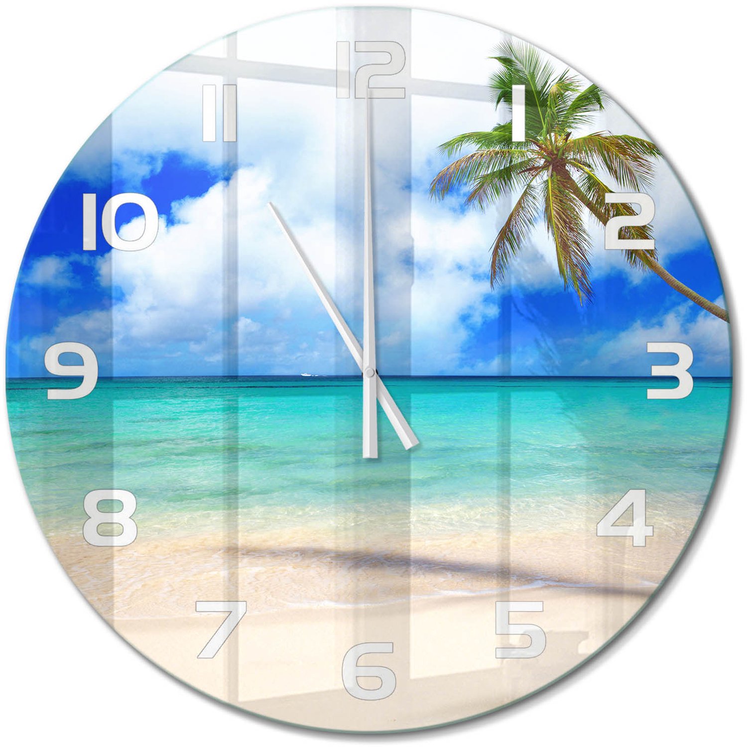TULUP Wandklok - Caribisch strand Wandklok Glas Met Motief - fi60 cm - Blauw Decoratieve Glazen Klok - Witte handen - Ronde Klok - Gekleurde Glazen Klok - Glazen Klok Met Print