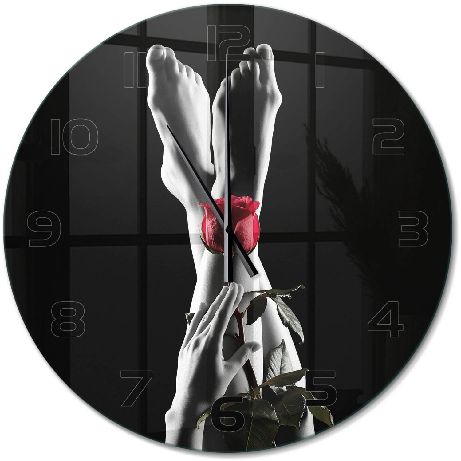 TULUP Wandklok - Roos en voeten Klok Glas Met Opdruk - fi60 cm - Rood Moderne Wandklok Glas - Zwarte handen - Ronde Klok - Decoratieve Glazen Klok - Glazen Wandklok Design