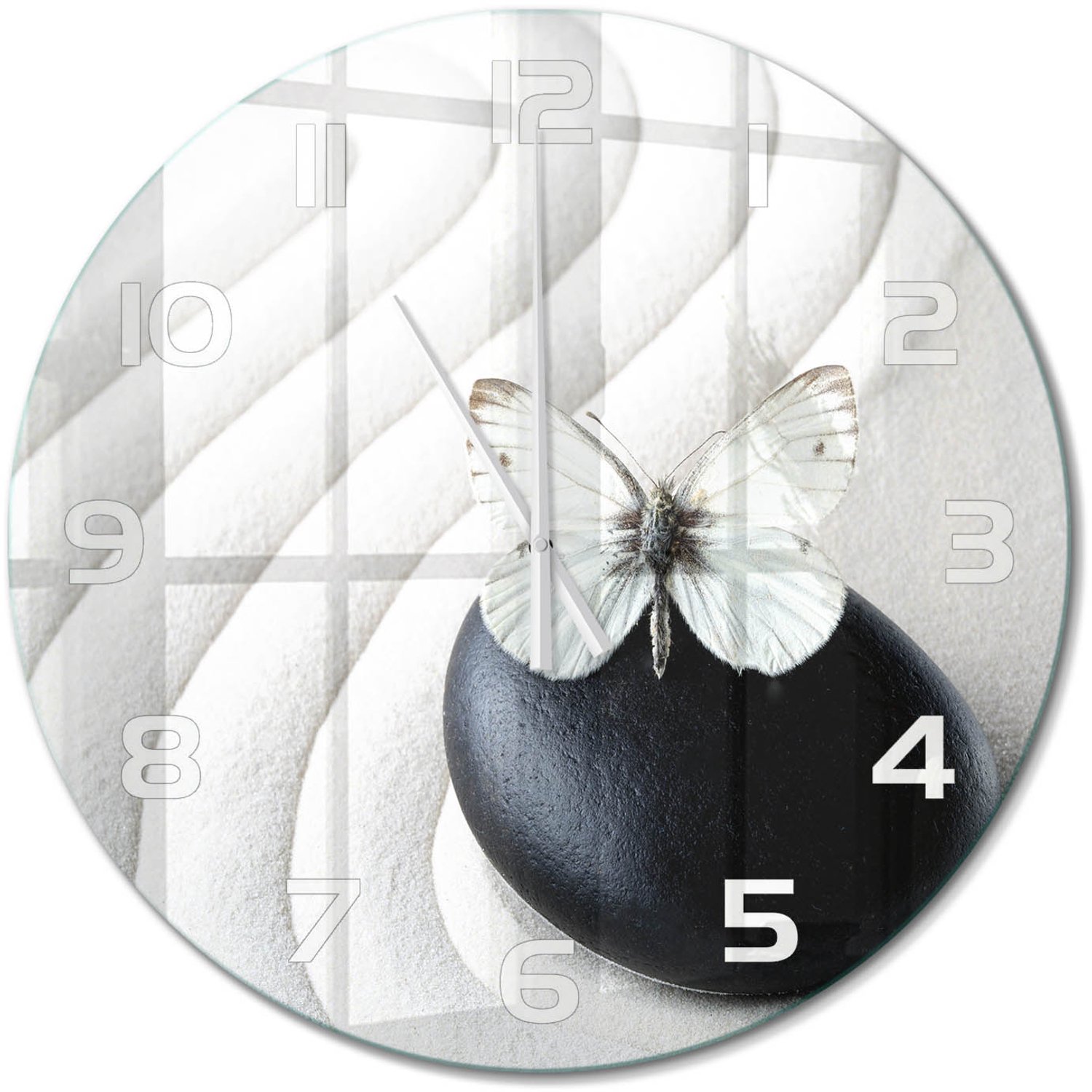 TULUP Wandklok - Zensteen en vlinder Gekleurde Glazen Klok - fi60 cm - Wit Glazen Klok Met Print - Witte handen - Ronde Klok - Moderne Wandklok Glas - Wandklok Glas Decoratie
