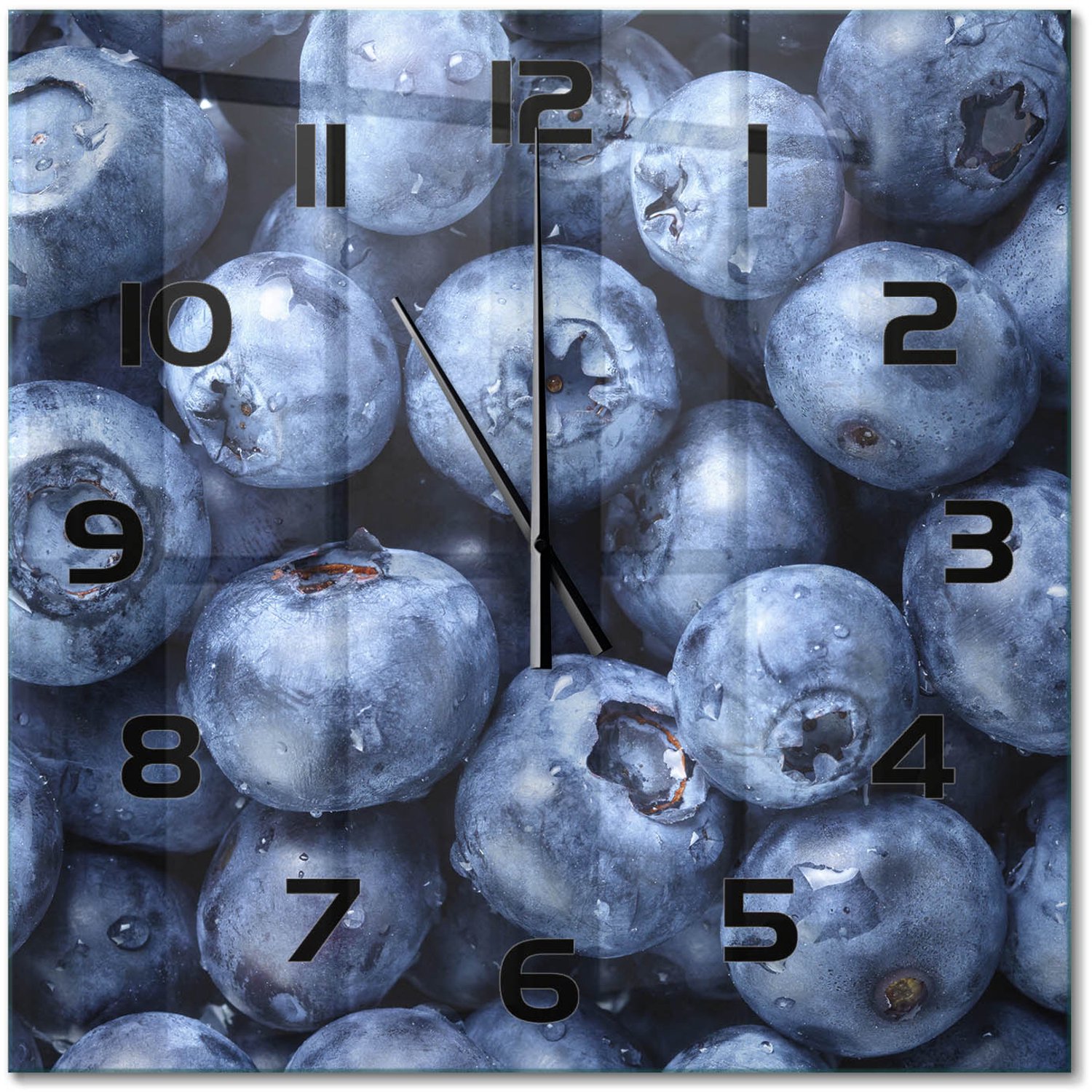 TULUP Wandklok - Bosbessen Glazen Klok Met Print - 60x60 cm - Blauw Wandklok Glas Met Motief - Zwarte handen - Vierkante Klok - Wandklok Glas Decoratie - Gekleurde Glazen Klok