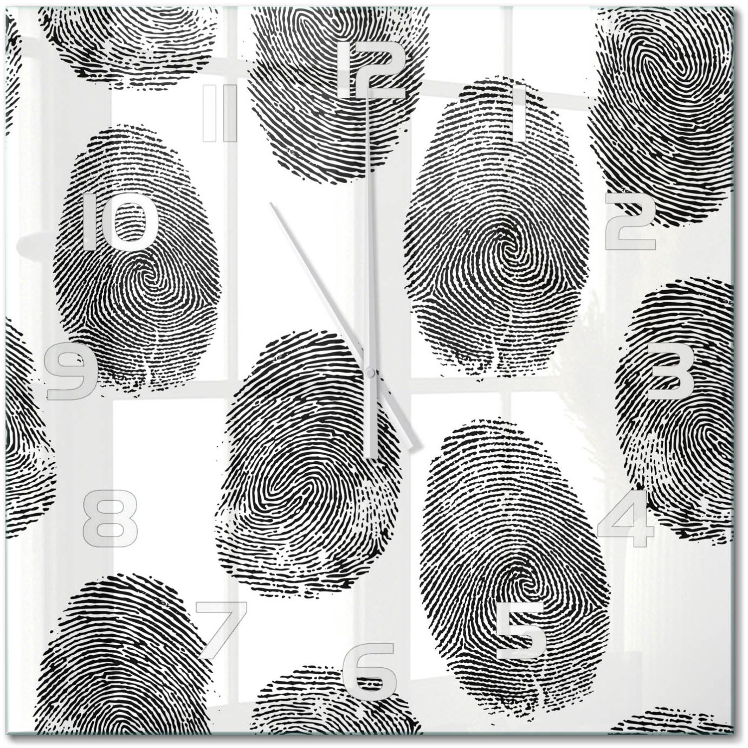 TULUP Wandklok - Vingerafdrukken Gekleurde Glazen Klok - 60x60 cm - Zwart-wit Glazen Klok Met Print - Witte handen - Vierkante Klok - Moderne Wandklok Glas - Wandklok Glas Decoratie