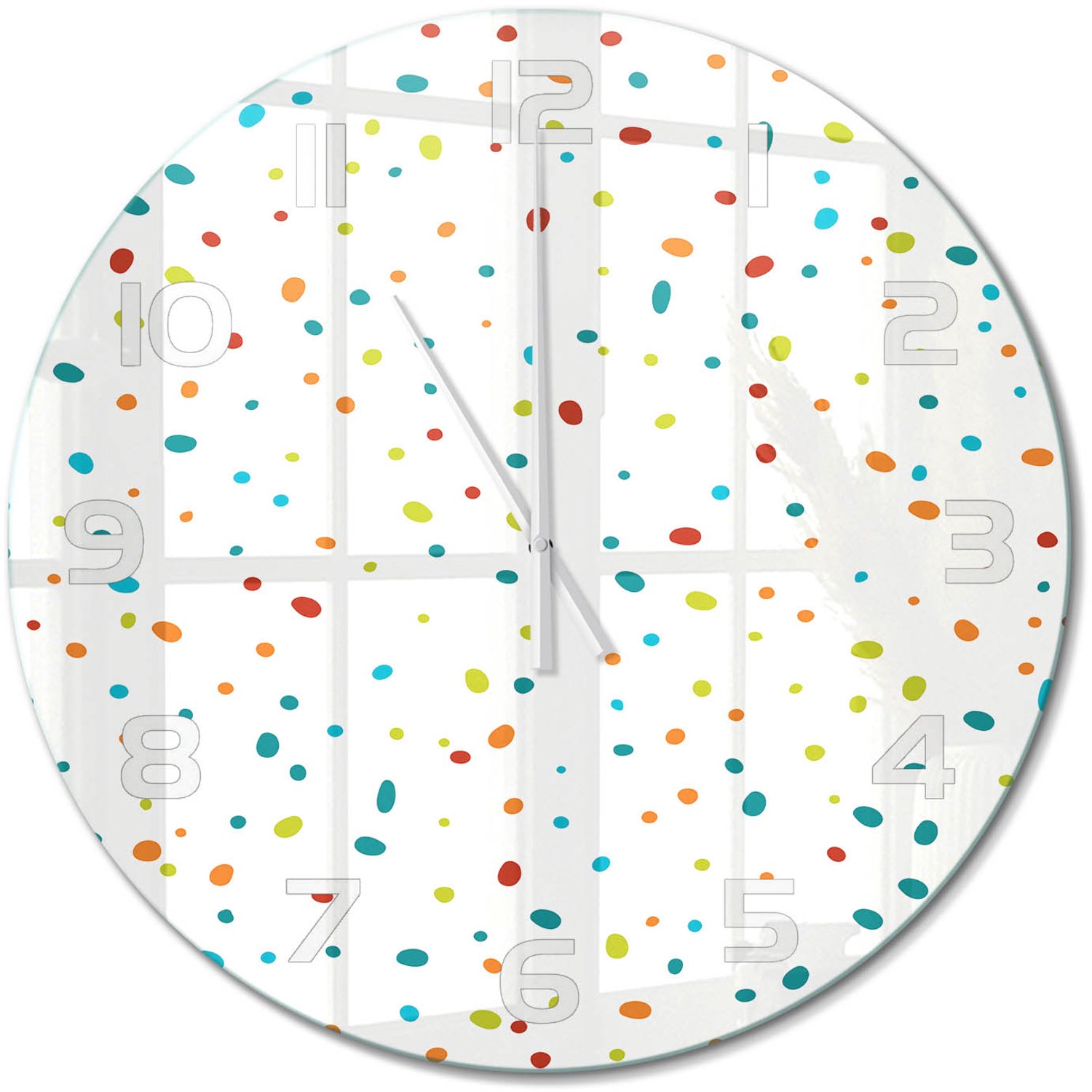 TULUP Wandklok - Kleurrijke stippen Wandklok Glas Decoratie - fi60 cm - Veelkleurig Gekleurde Glazen Klok - Witte handen - Ronde Klok - Klok Glas Met Opdruk - Moderne Wandklok Glas