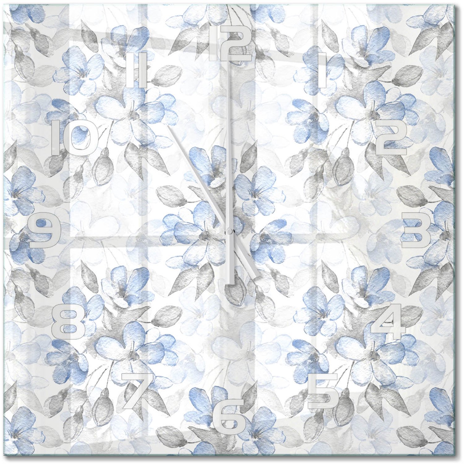 TULUP Wandklok - delicate bloemen Decoratieve Glazen Klok - 60x60 cm - Blauw Glazen Wandklok Design - Witte handen - Vierkante Klok - Glazen Klok Met Print - Wandklok Glas Met Motief