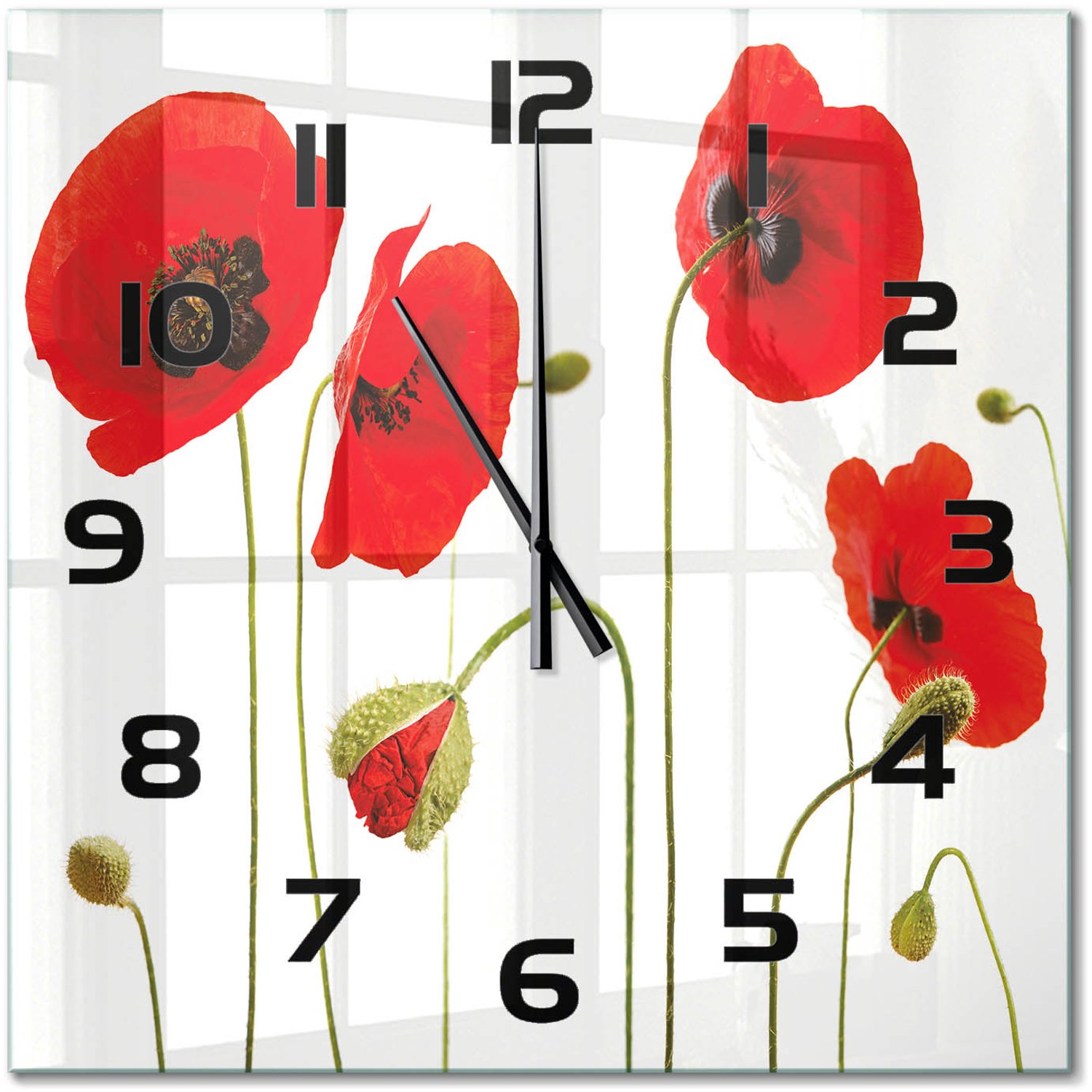 TULUP Wandklok - Klaprozen Gekleurde Glazen Klok - 60x60 cm - Rood Glazen Klok Met Print - Zwarte handen - Vierkante Klok - Moderne Wandklok Glas - Wandklok Glas Decoratie