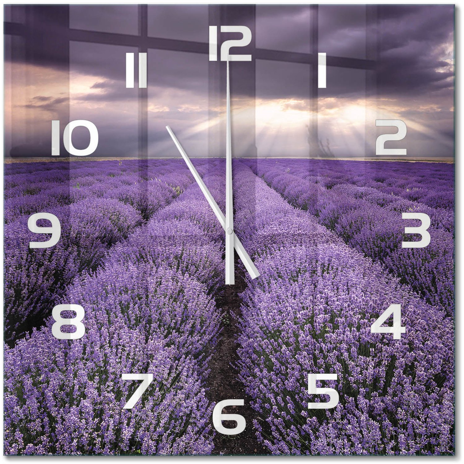 TULUP Wandklok - Lavendelveld Glazen Klok Met Print - 60x60 cm - Paars Wandklok Glas Met Motief - Witte handen - Vierkante Klok - Wandklok Glas Decoratie - Gekleurde Glazen Klok