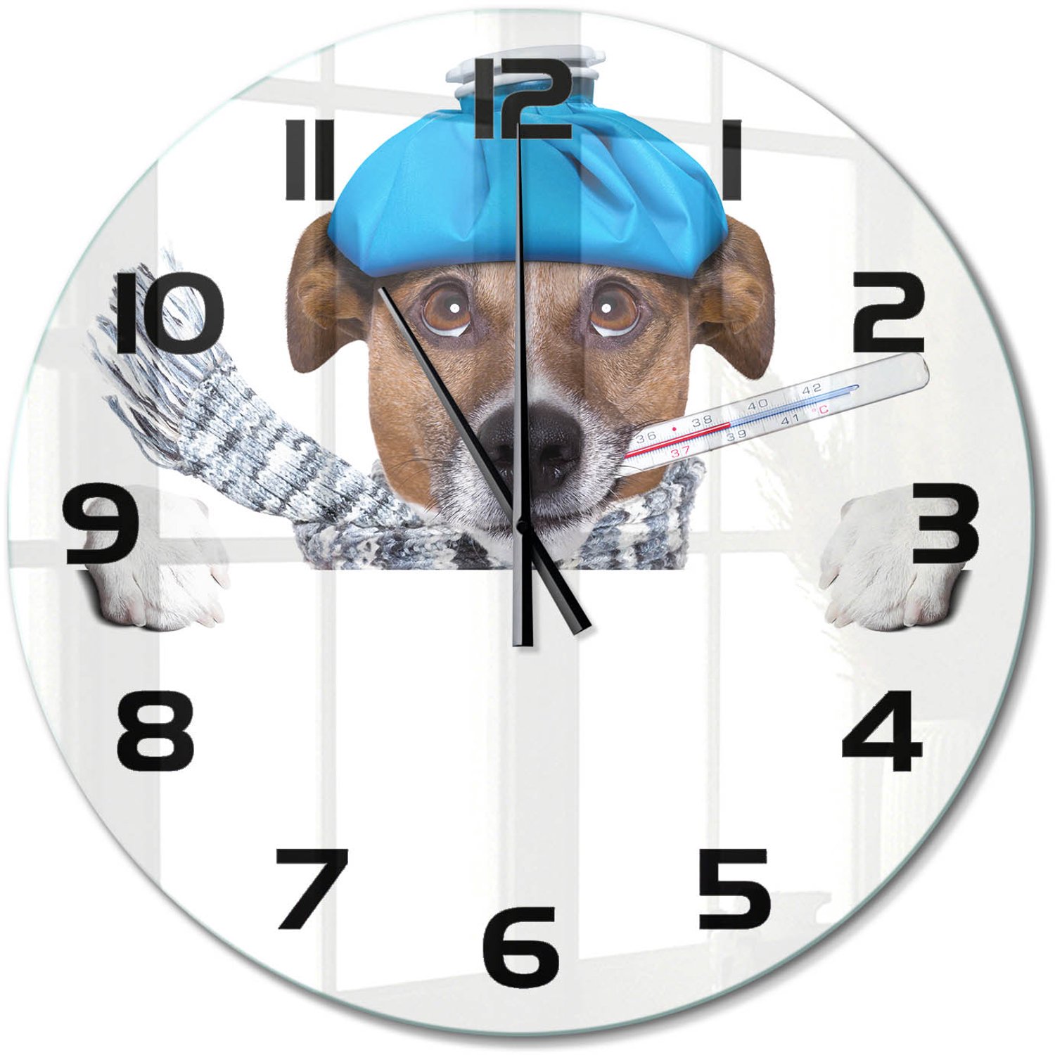 TULUP Wandklok - Zieke hond Glazen Wandklok Design - fi60 cm - Blauw Klok Glas Met Opdruk - Zwarte handen - Ronde Klok - Wandklok Glas Met Motief - Decoratieve Glazen Klok