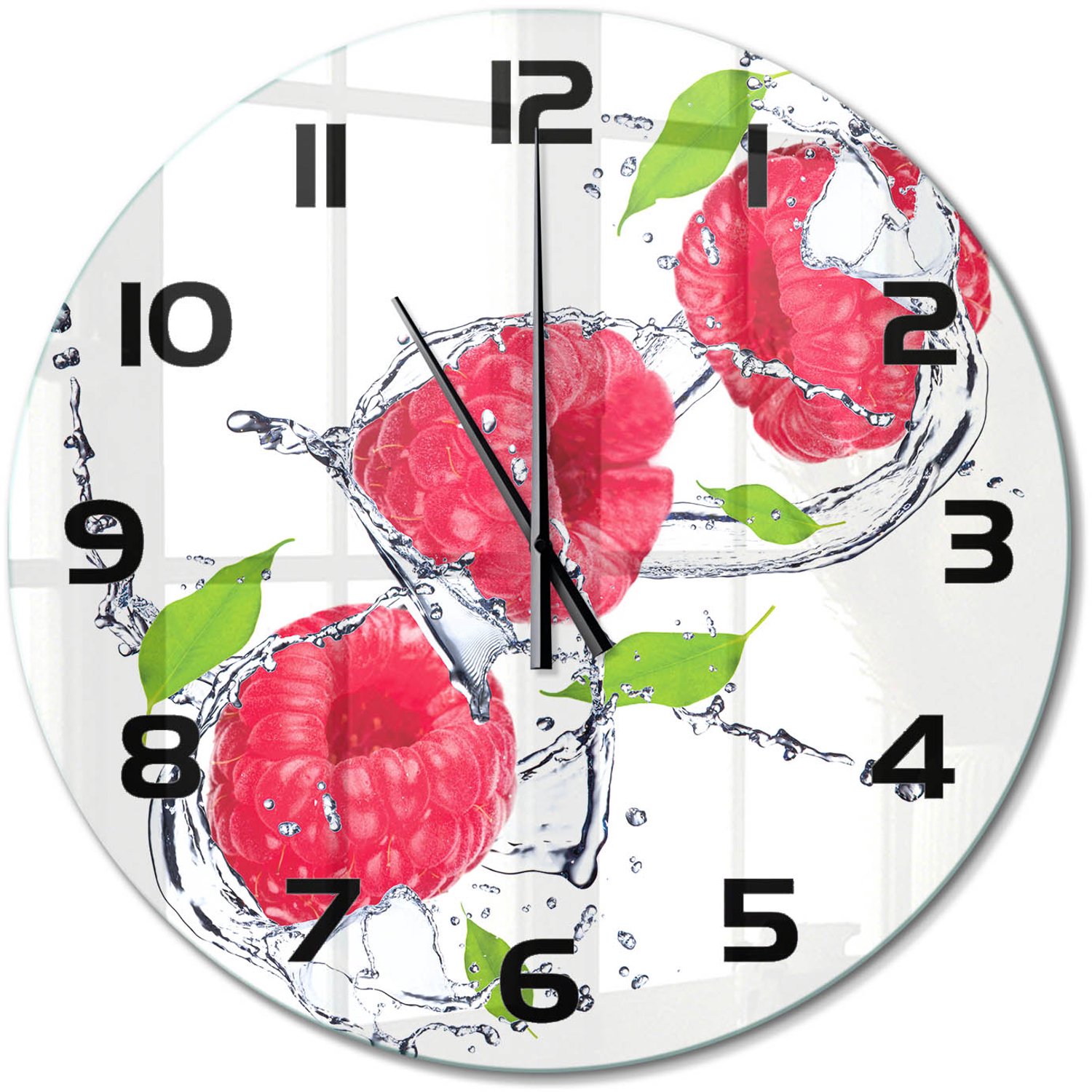 TULUP Wandklok - Framboos en water Wandklok Glas Decoratie - fi60 cm - Roze Gekleurde Glazen Klok - Zwarte handen - Ronde Klok - Klok Glas Met Opdruk - Moderne Wandklok Glas
