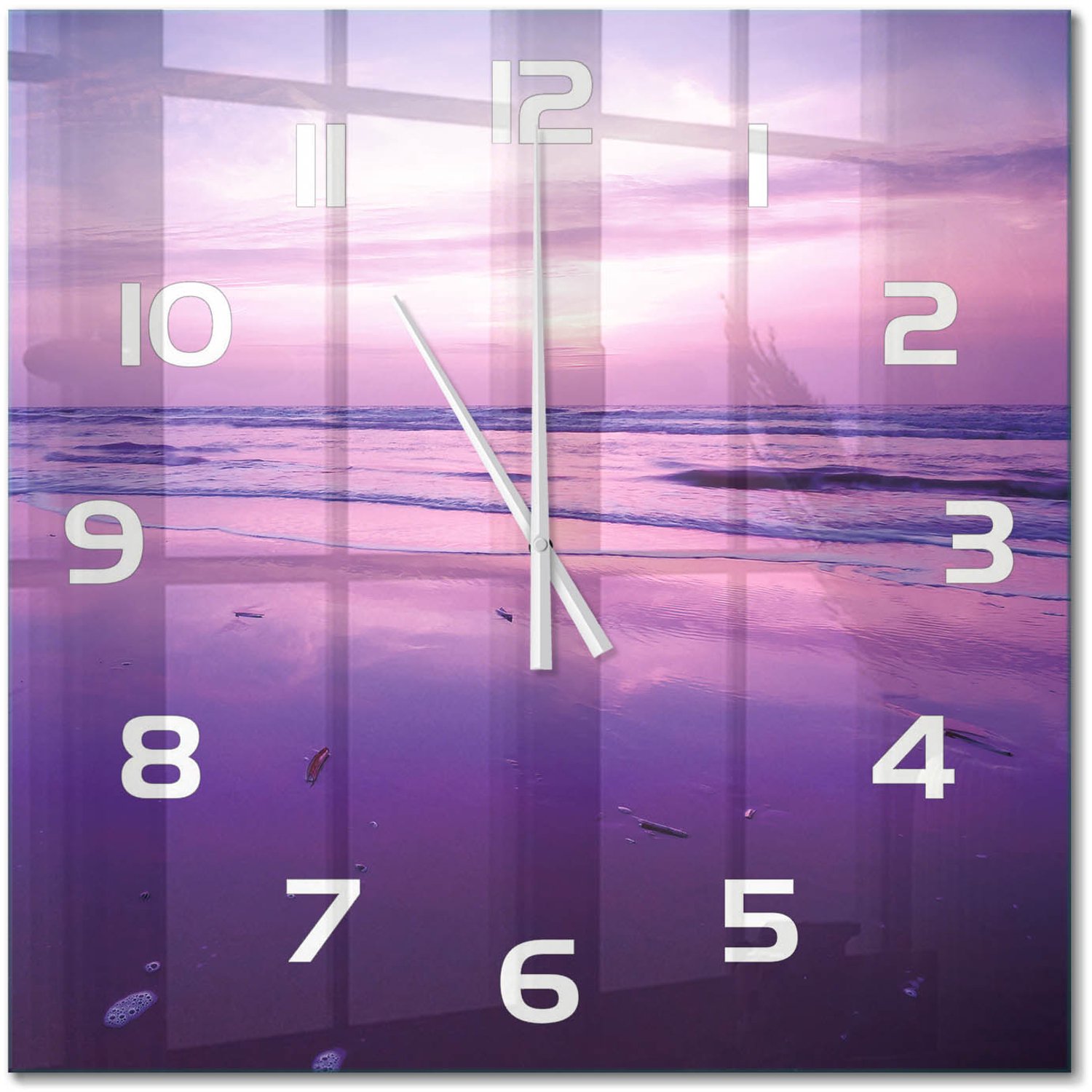 TULUP Wandklok - Zonsondergang Zee Glazen Wandklok Design - 60x60 cm - Paars Klok Glas Met Opdruk - Witte handen - Vierkante Klok - Wandklok Glas Met Motief - Decoratieve Glazen Klok