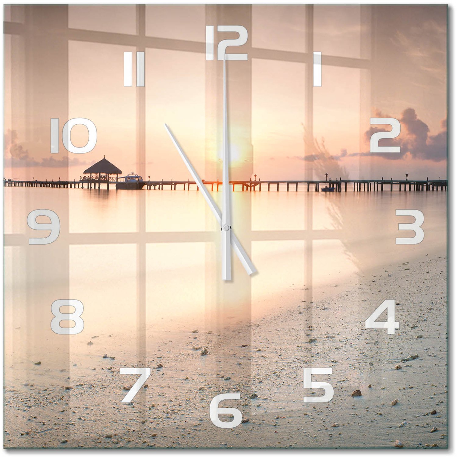 TULUP Wandklok - Strand van de Malediven Wandklok Glas Decoratie - 60x60 cm - Veelkleurig Gekleurde Glazen Klok - Witte handen - Vierkante Klok - Klok Glas Met Opdruk - Moderne Wandklok Glas