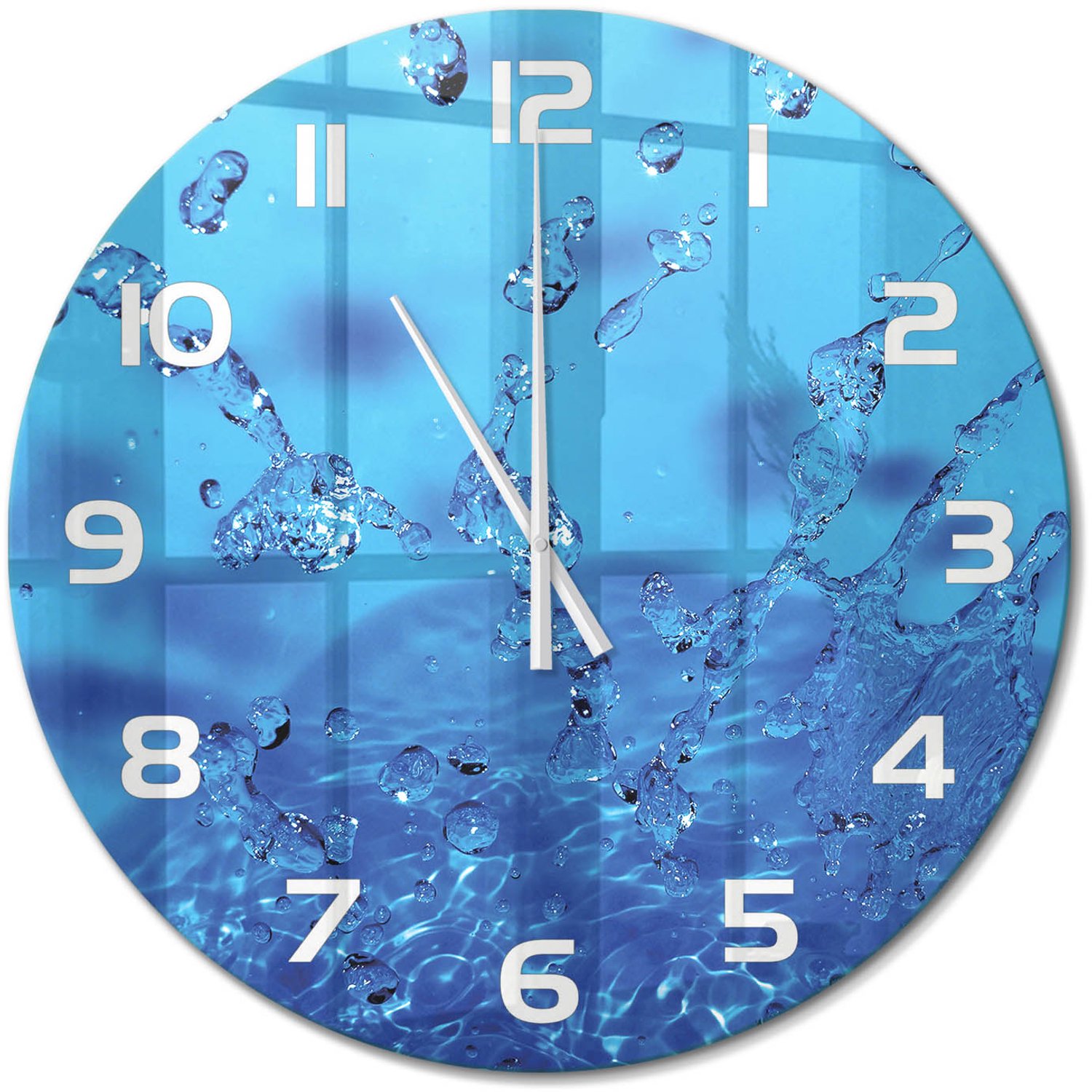 TULUP Wandklok - Waterdruppels Moderne Wandklok Glas - fi60 cm - Blauw Wandklok Glas Decoratie - Witte handen - Ronde Klok - Glazen Wandklok Design - Klok Glas Met Opdruk
