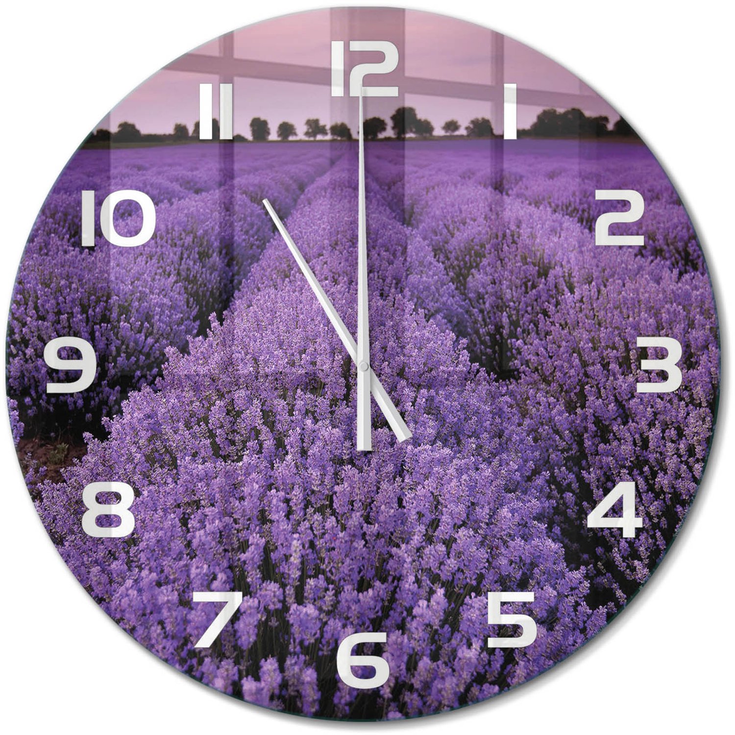 TULUP Wandklok - Lavendelveld Decoratieve Glazen Klok - fi60 cm - Paars Glazen Wandklok Design - Witte handen - Ronde Klok - Glazen Klok Met Print - Wandklok Glas Met Motief