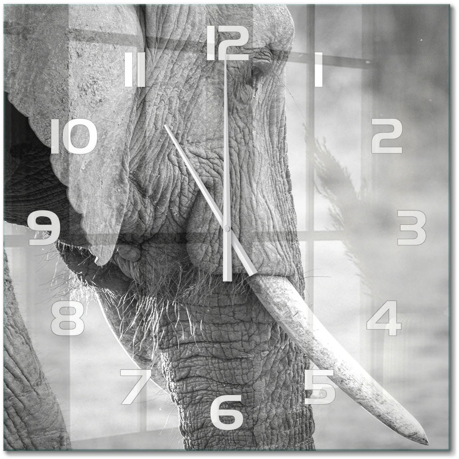 TULUP Wandklok - Olifant Wandklok Glas Met Motief - 60x60 cm - Zwart-wit Decoratieve Glazen Klok - Witte handen - Vierkante Klok - Gekleurde Glazen Klok - Glazen Klok Met Print