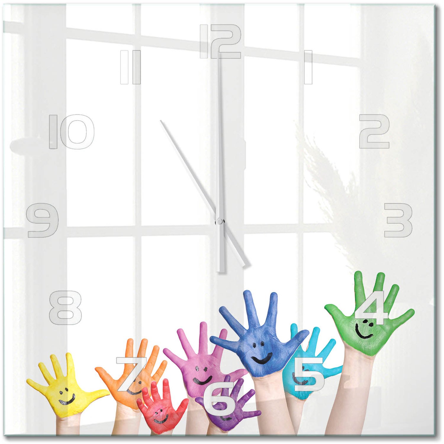 TULUP Wandklok - Geschilderde handen Glazen Wandklok Design - 60x60 cm - Veelkleurig Klok Glas Met Opdruk - Witte handen - Vierkante Klok - Wandklok Glas Met Motief - Decoratieve Glazen Klok
