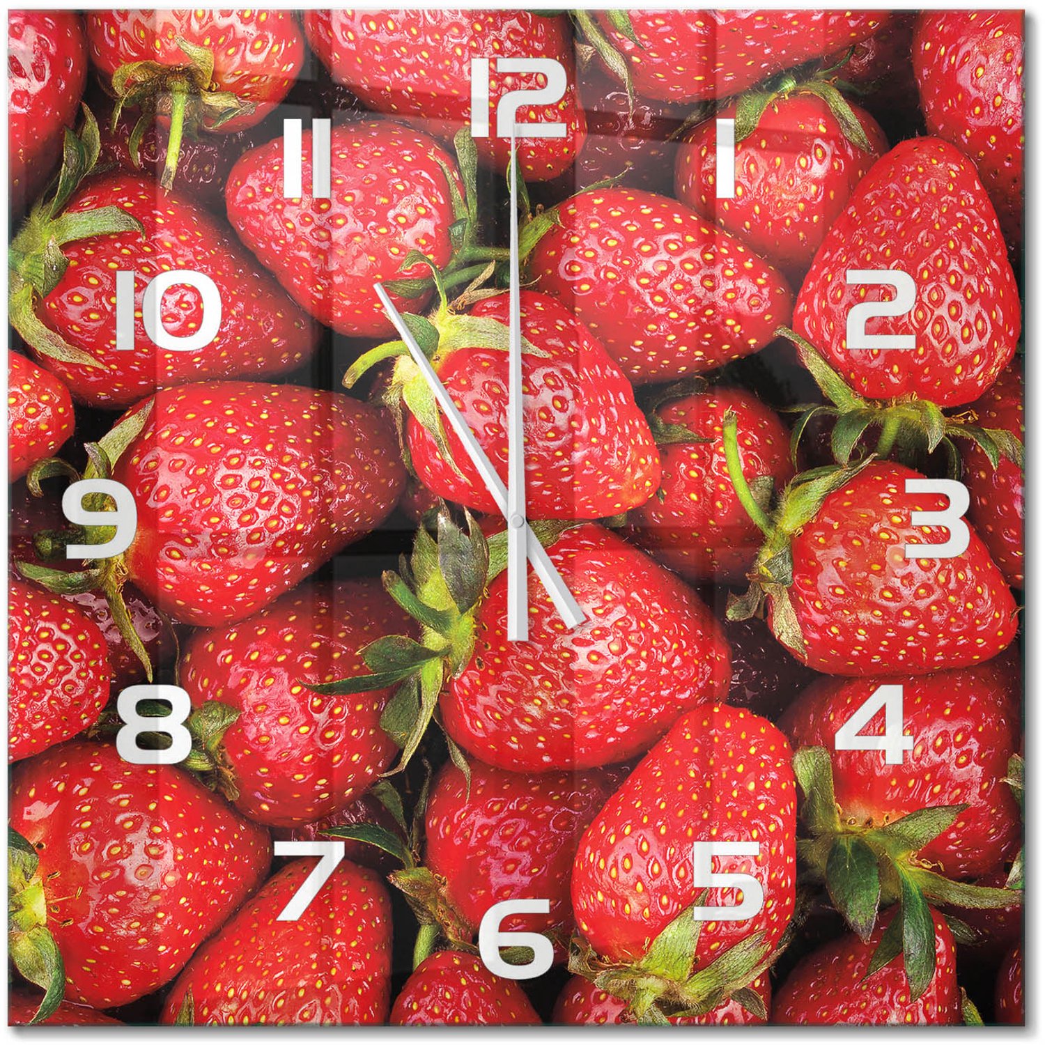 TULUP Wandklok - Aardbeien Glazen Wandklok Design - 60x60 cm - Rood Klok Glas Met Opdruk - Witte handen - Vierkante Klok - Wandklok Glas Met Motief - Decoratieve Glazen Klok
