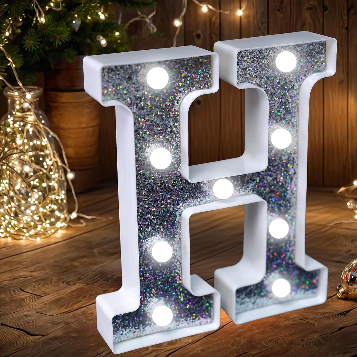 Partytent Letter Lights, Light Up Zilver Glitter Letters Teken Batterij Aangedreven Nachtlampje voor Verjaardagsfeest Bruiloft Woondecoratie Baby Shower-H