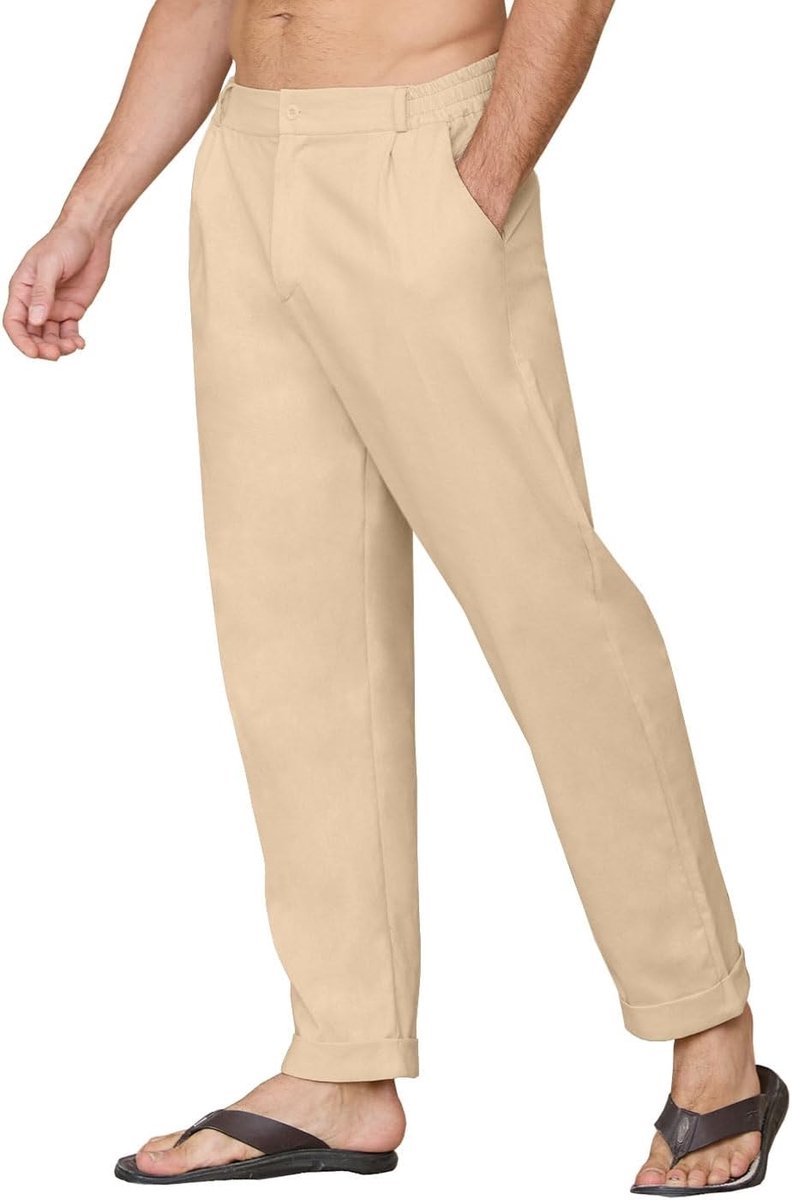 Linnen broek voor heren, chinobroek voor heren, smalle pasvorm, linnen broek, elastische tailleband, linnen broek voor heren, licht, casual, lang, met gesp