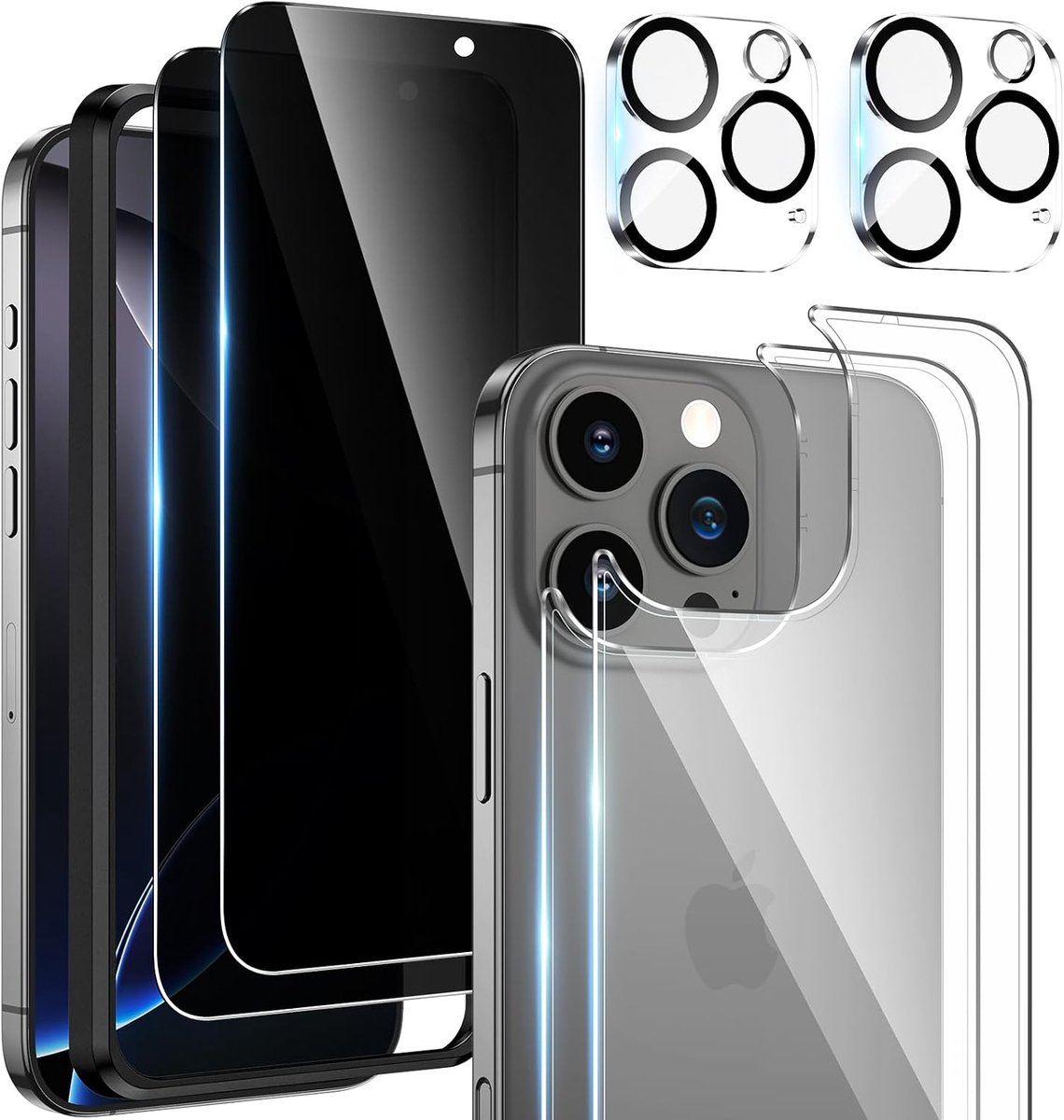 2 + 2 + 2 stuks anti-spionage-displaybescherming voor iPhone 16 Pro Max met cameralensbescherming en displaybescherming aan de achterkant, eenvoudig installatiegereedschap, 9H urinheid,