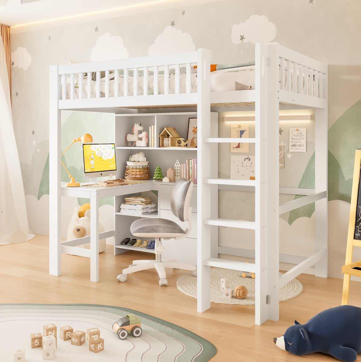 WUVRIE Hoogslaper 90x200 cm met bureau, ladder, 3 lades en opbergvakken, kinderbed in wit