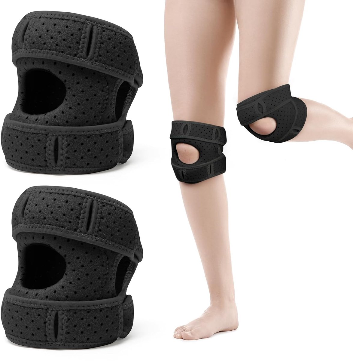 Patella kniebandages, kniebandage voor belastingsvermindering, verstelbare knieondersteuning, stabiliserende kniehulp, ademende knierail voor hardlopers, springers, 2 stuks (zwart)