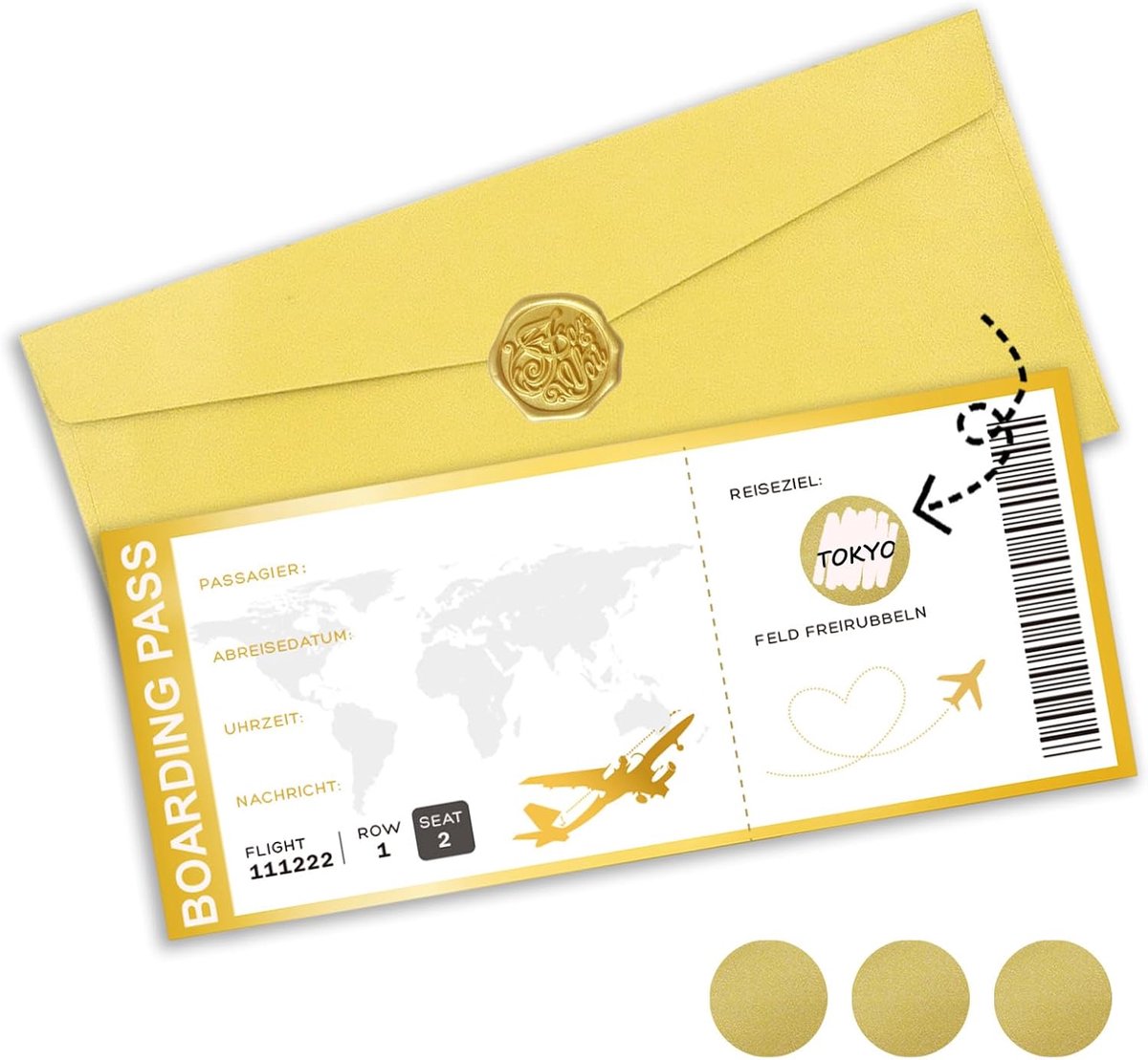 Reisvoucher vliegticket met krasstickers, envelop, speciale krasloze tegoedbon als verjaardagskaart, bioscoopbon, cadeaubon voor Kerstmis, uitnodiging (FLUGTICKET I)