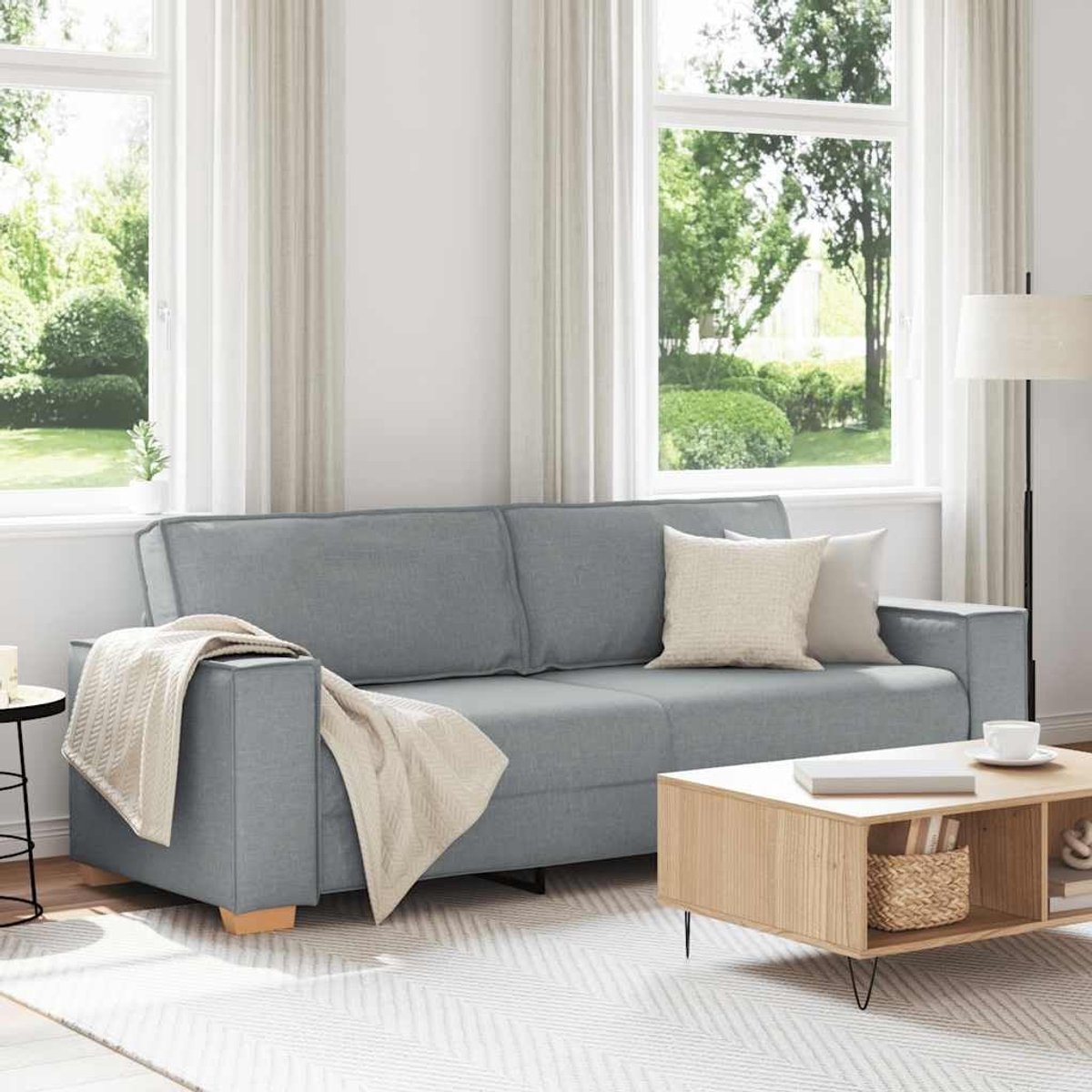 3-zitsbank, lichtgrijs, 180 cm, stof, zacht polyesterweefsel, bank met stabiel houten en metalen frame, brede armleuningen voor comfort, veelzijdig voor woonkamer en kantoor