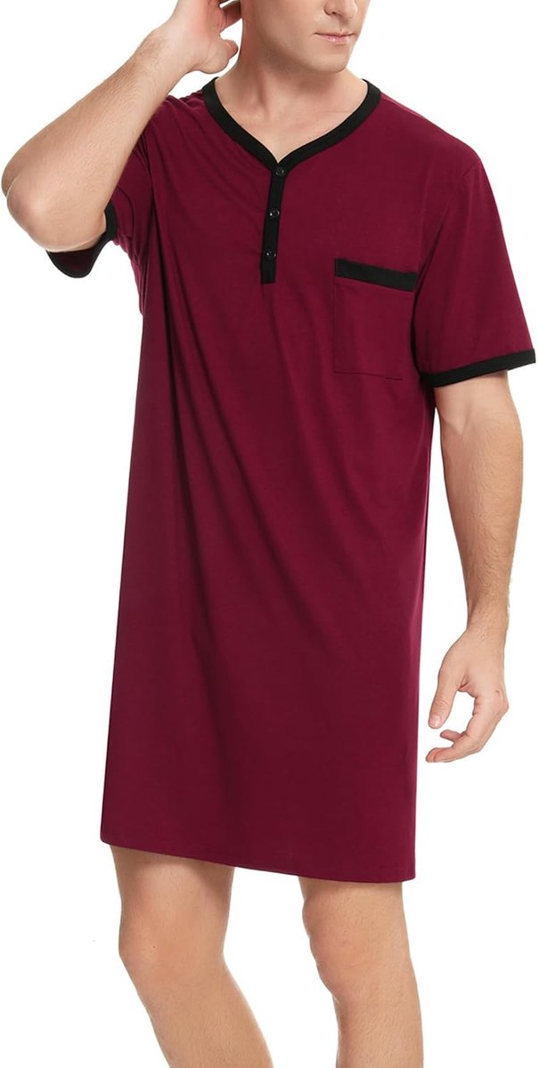 Nachthemd voor heren, katoenen pyjama met lange mouwen, korte mouwen, pyjama-bovenstuk, lang T-shirt, ronde hals met knopen, huiskleding, grote maat, zacht, comfortabel