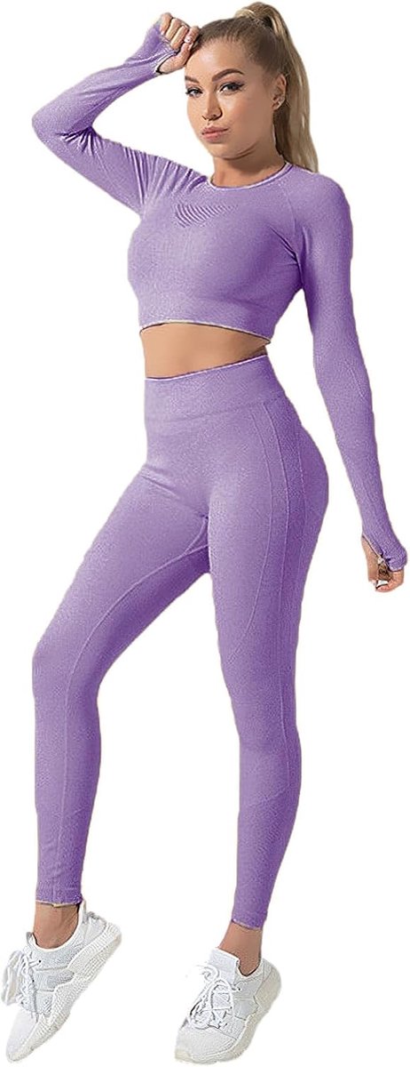 Yogakledingset voor dames, rekbaar, met lange mouwen, crop top + leggings, trainingspak, gym-outfits