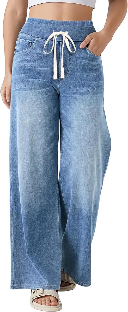 Jeans voor dames met elastiek, brede pijpen, stretch, hoge