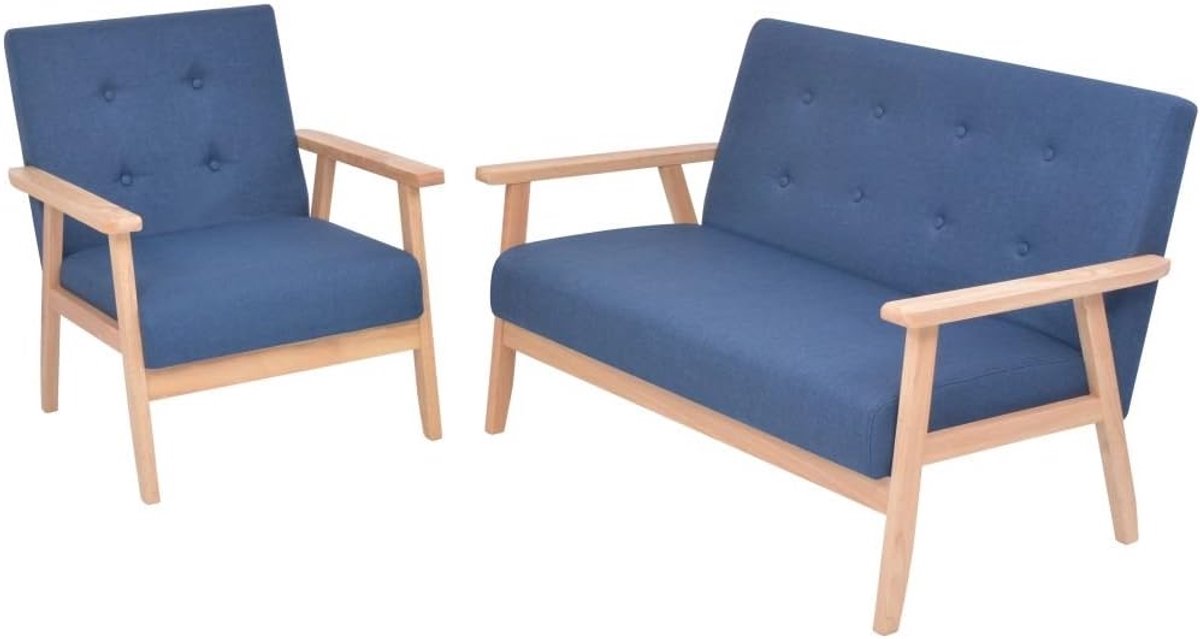 Sofa combinatie 2-delig, stoffen sofa set 2-delig. Inclusief 1 x fauteuil en 1 x 2-zitsbank, houten frame stof blauw