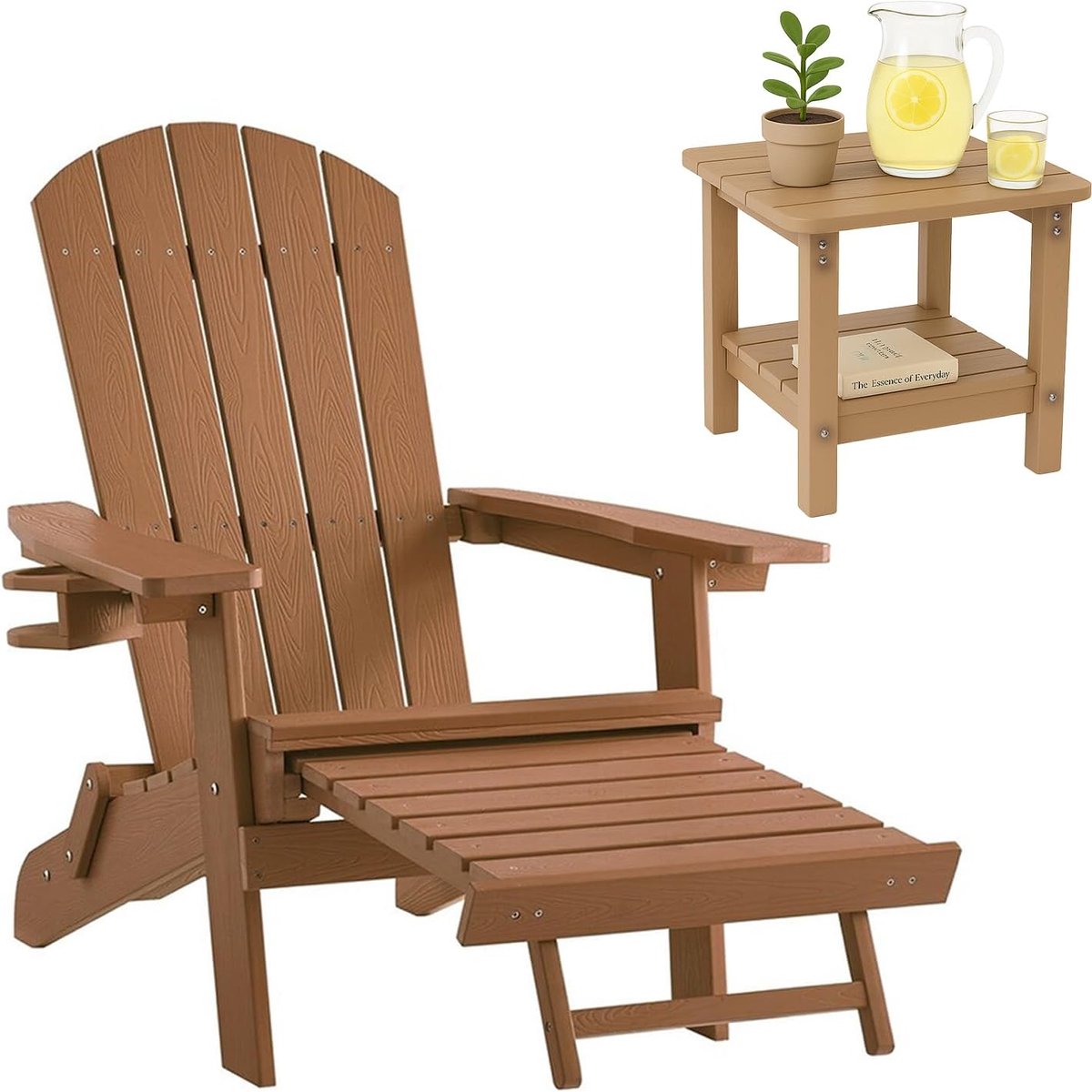 Adirondack loungestoel Arizona, Met voetenbankje, bekerhouder, Hips Plastic, Hout Look - voor balkon, terras, gazon, haard (Licht Bruin met Bijzettafel)