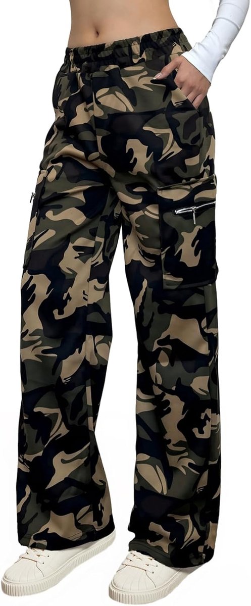 Dames Camo Rechte Lange Been Cargo Joggers Rits Zakken Elastische Taille Joggingbroek