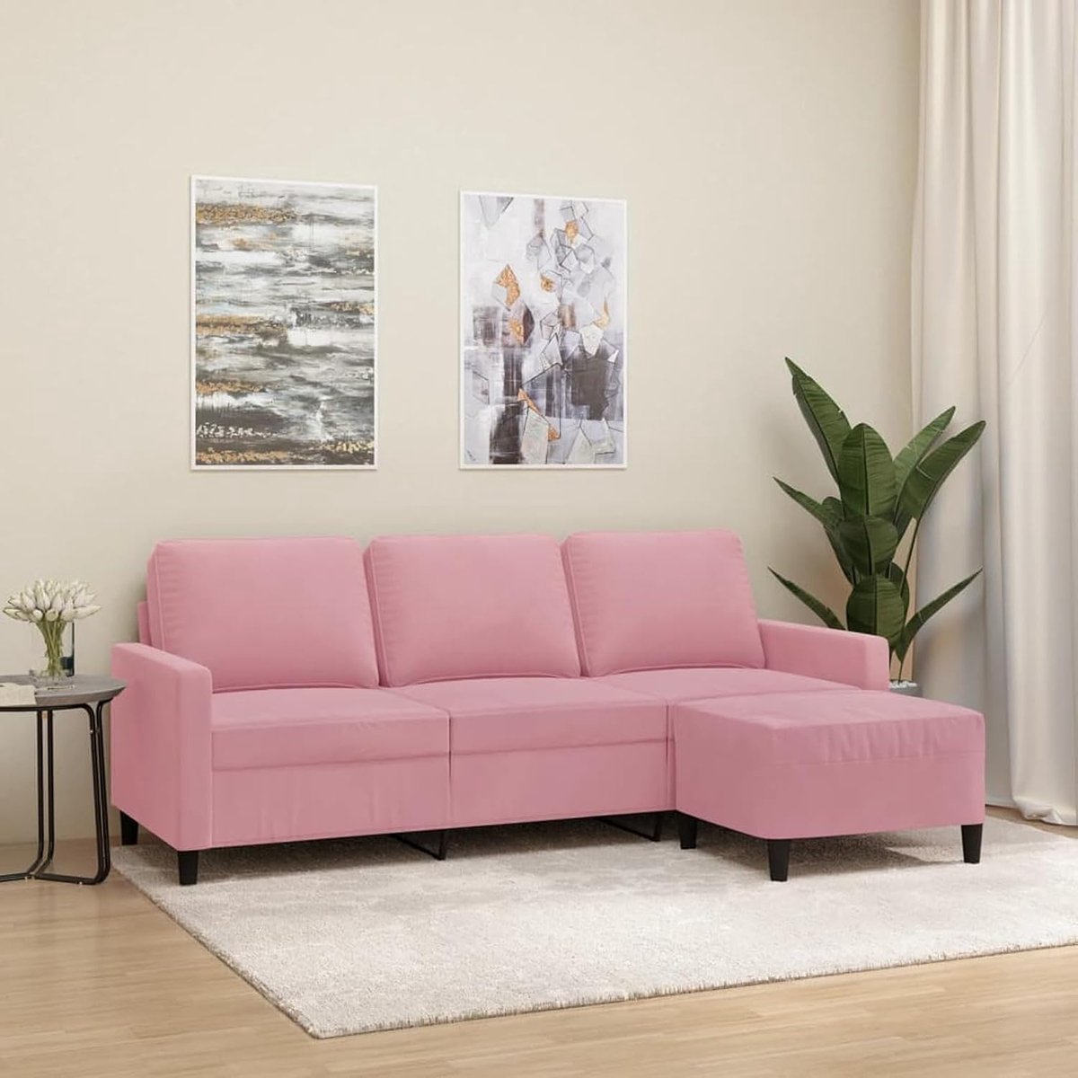 3-zitsbank met poef, roze, 180 cm, fluweel, voor woonkamer, 3-zits, voor appartement, kantoor, logeerkamer, slaapkamer, 3201058