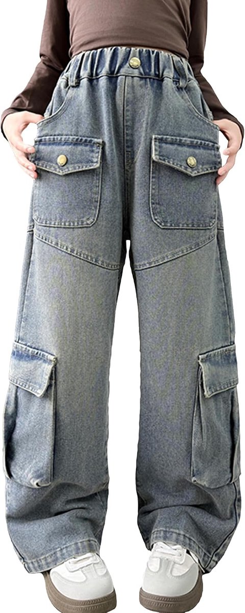 Jeans met wijde pijpen voor meisjes, denim broek recht, cargo-vrijetijdsbroek met elastische tailleband en zakken, maat 120-170