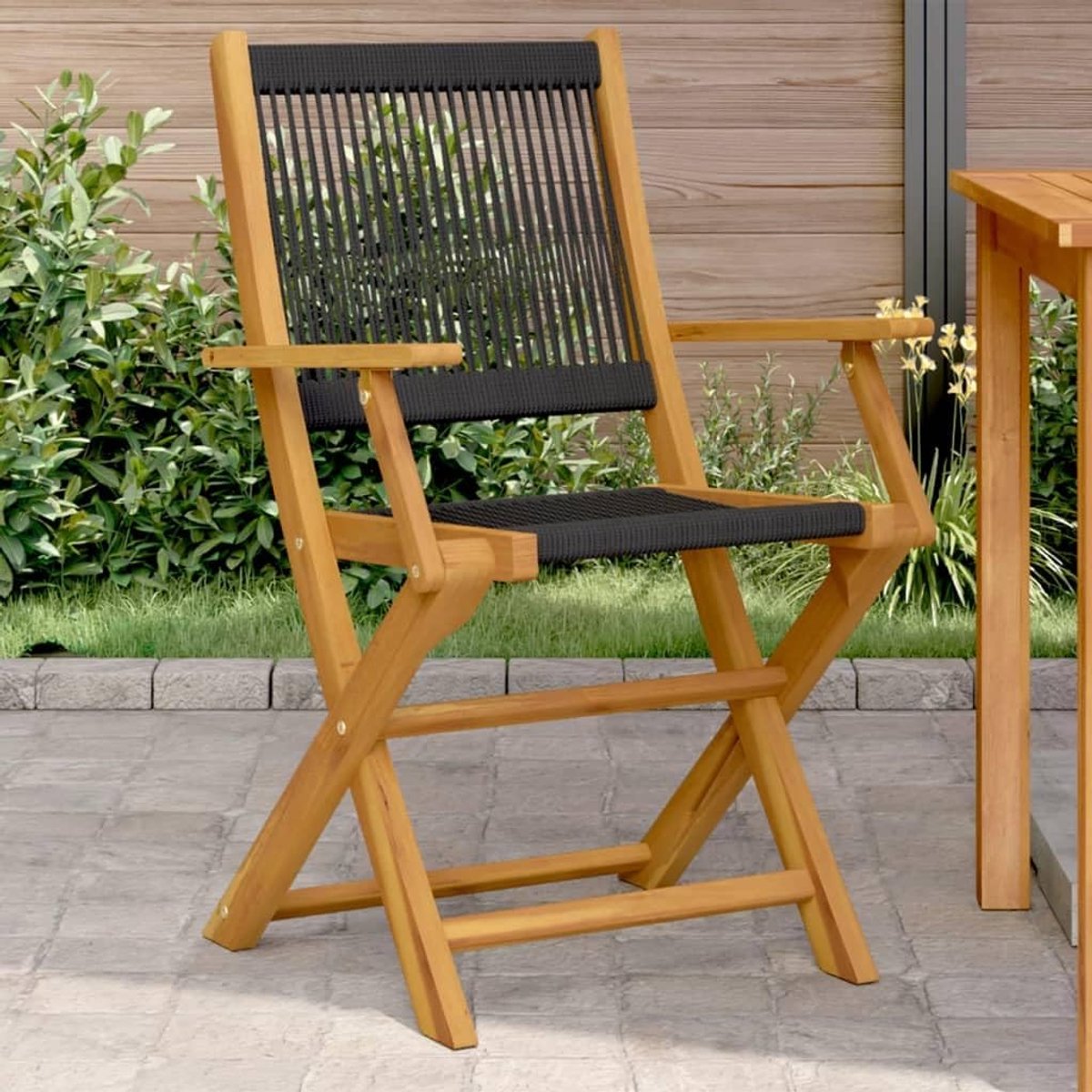 Tuinstoelen, 2 stuks, zwart, massief hout, acacia en polypropyleen, stoelen, eetkamerstoelen, tuinstoelen, buitenstoelen, tuinstoelen, buitenstoelen, J367666