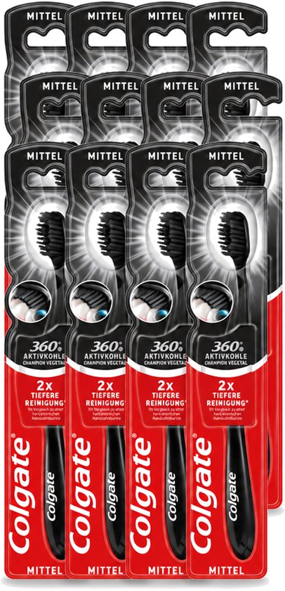 Pack de 12 brosses à dents Colgate 360 Medium noires avec charbon actif et détails rouges.