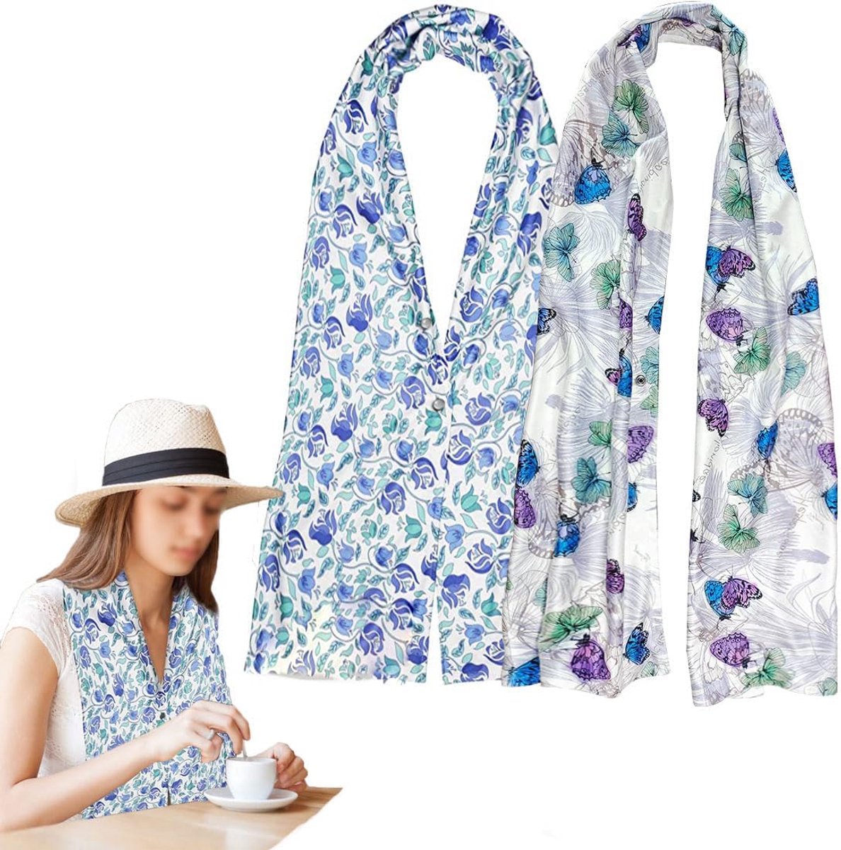 zalati Slabbetje voor dames, 2 stuks, voor de lunch, beschermende kleding, herbruikbare handdoek met vlinder/bloemenpatroon voor tafeldragen