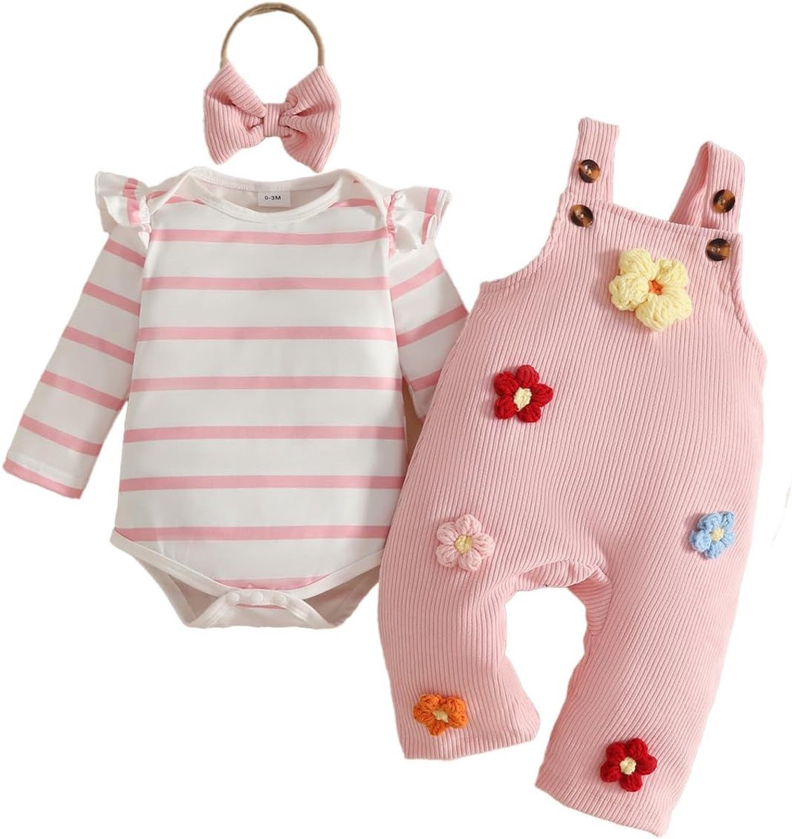 Tuinbroek voor baby's, meisjes, bedrukt bovendeel met ruches mouwen + broek met verstelbare bandjes + hoofdband voor lente en herfst