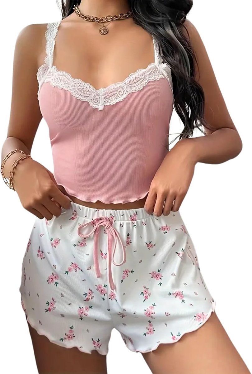 Damespyjama voor de zomer, kort, met hartprint, mouwloos T-shirt en shorts, sexy pyjama, zacht